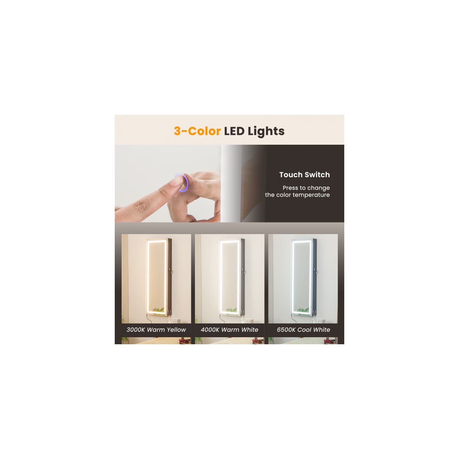 Mirrored Jewelry Storage Cabinet with Full-Length Mirror and LED Lights