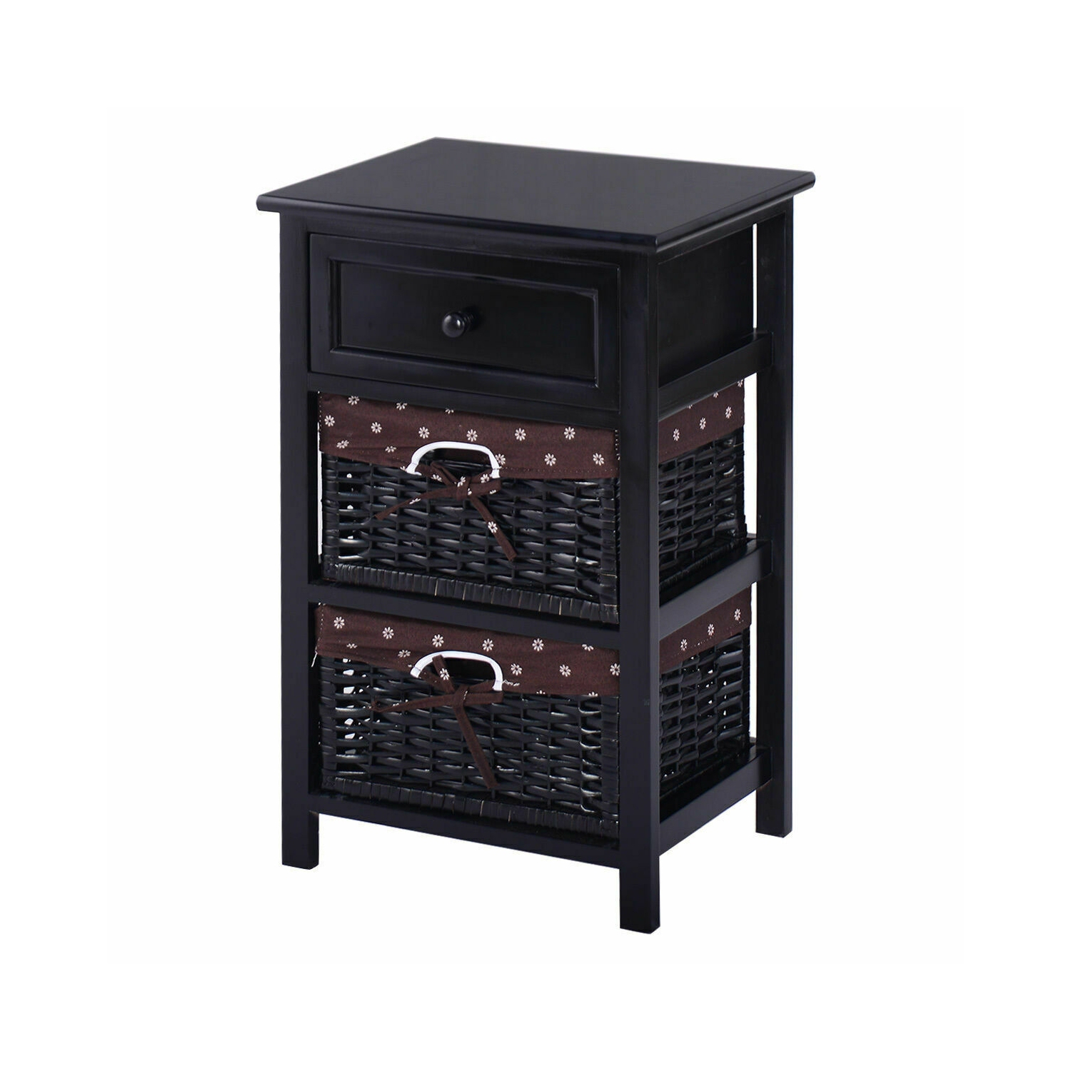 Farmhouse Nightstand Set of 2 – 3-Tier Wood Side Tables with Drawer & Storage Baskets