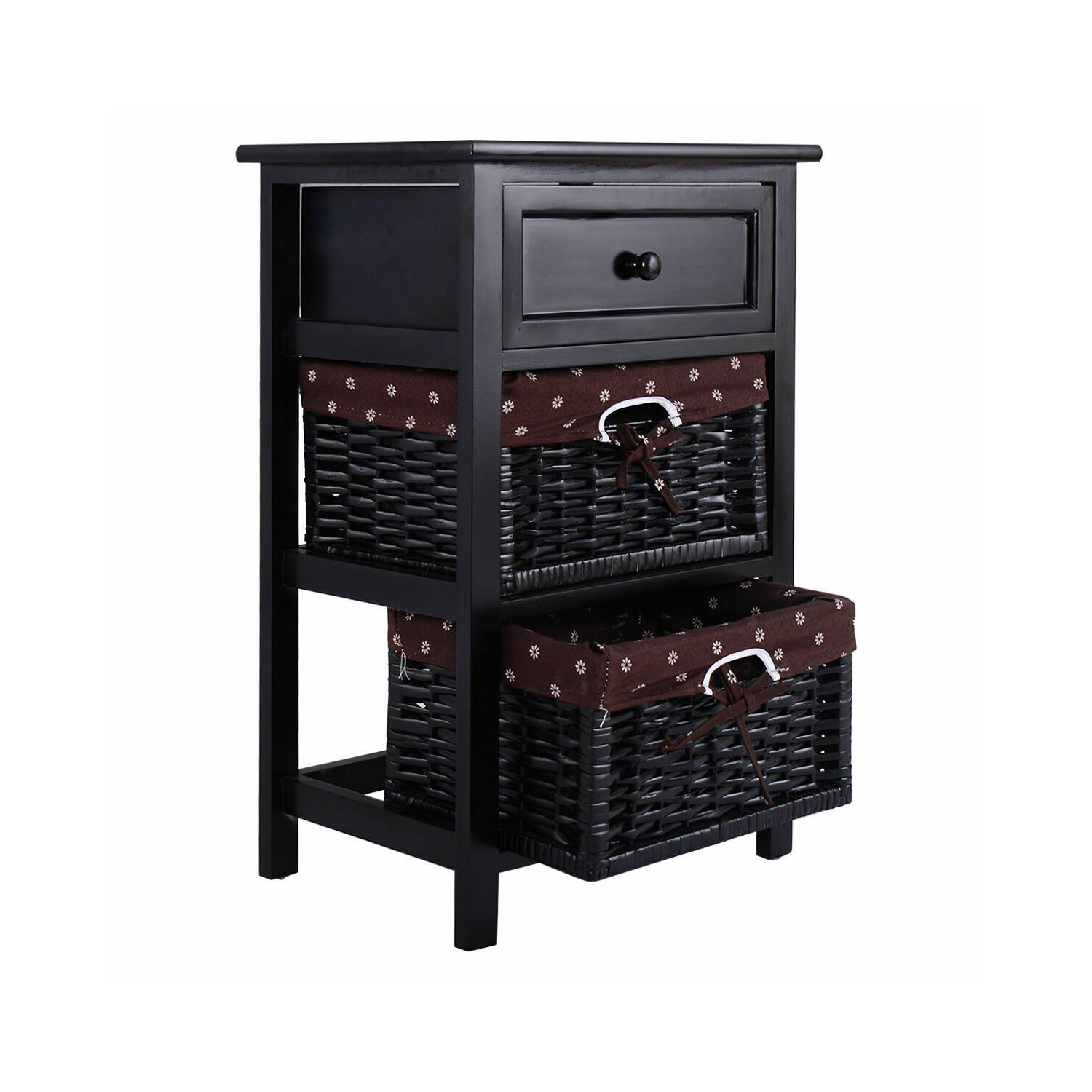 Farmhouse Nightstand Set of 2 – 3-Tier Wood Side Tables with Drawer & Storage Baskets