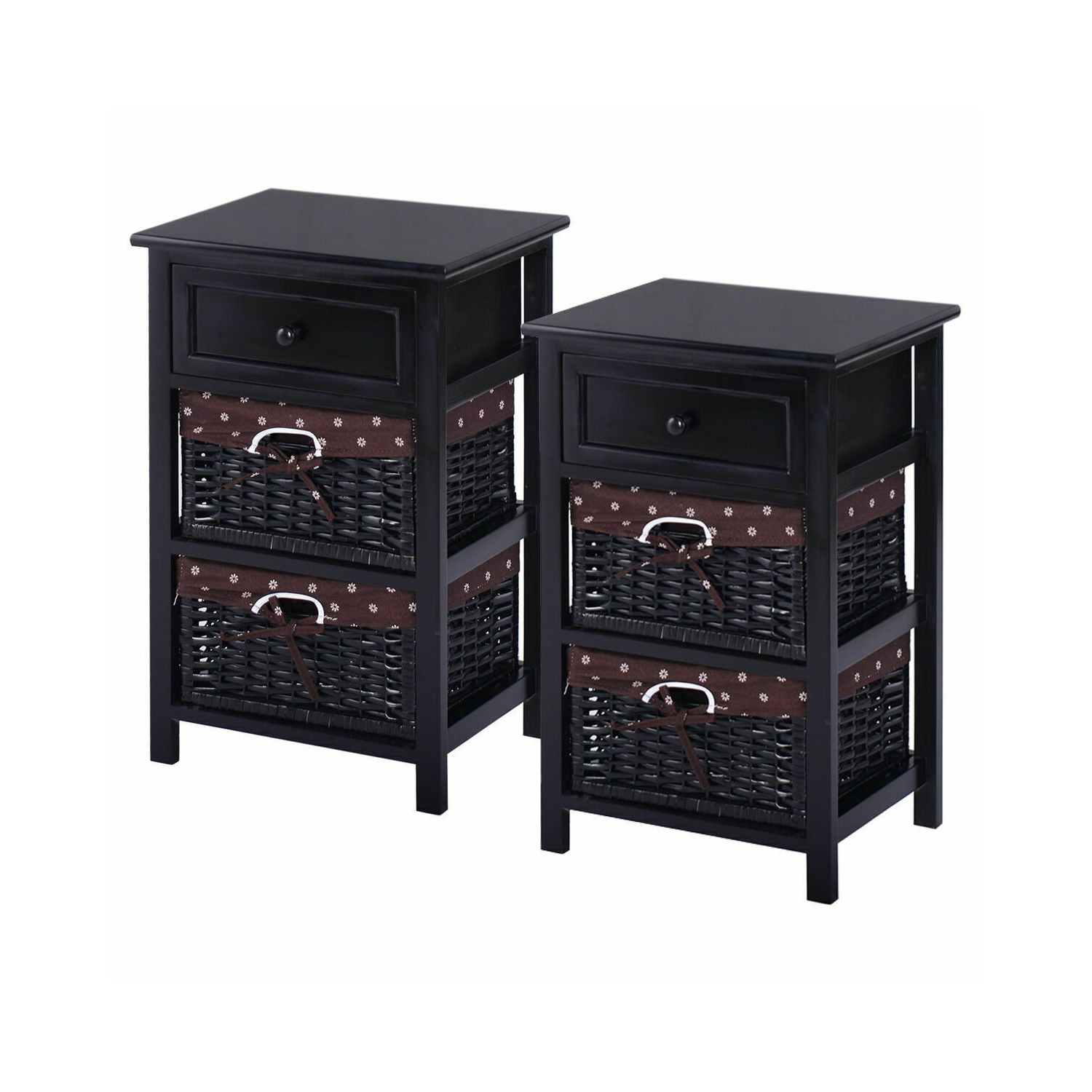 Farmhouse Nightstand Set of 2 – 3-Tier Wood Side Tables with Drawer & Storage Baskets