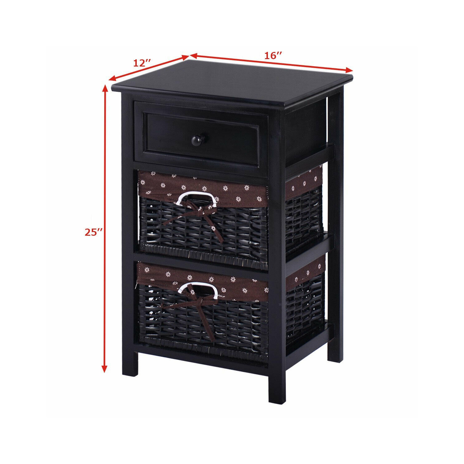 Farmhouse Nightstand Set of 2 – 3-Tier Wood Side Tables with Drawer & Storage Baskets