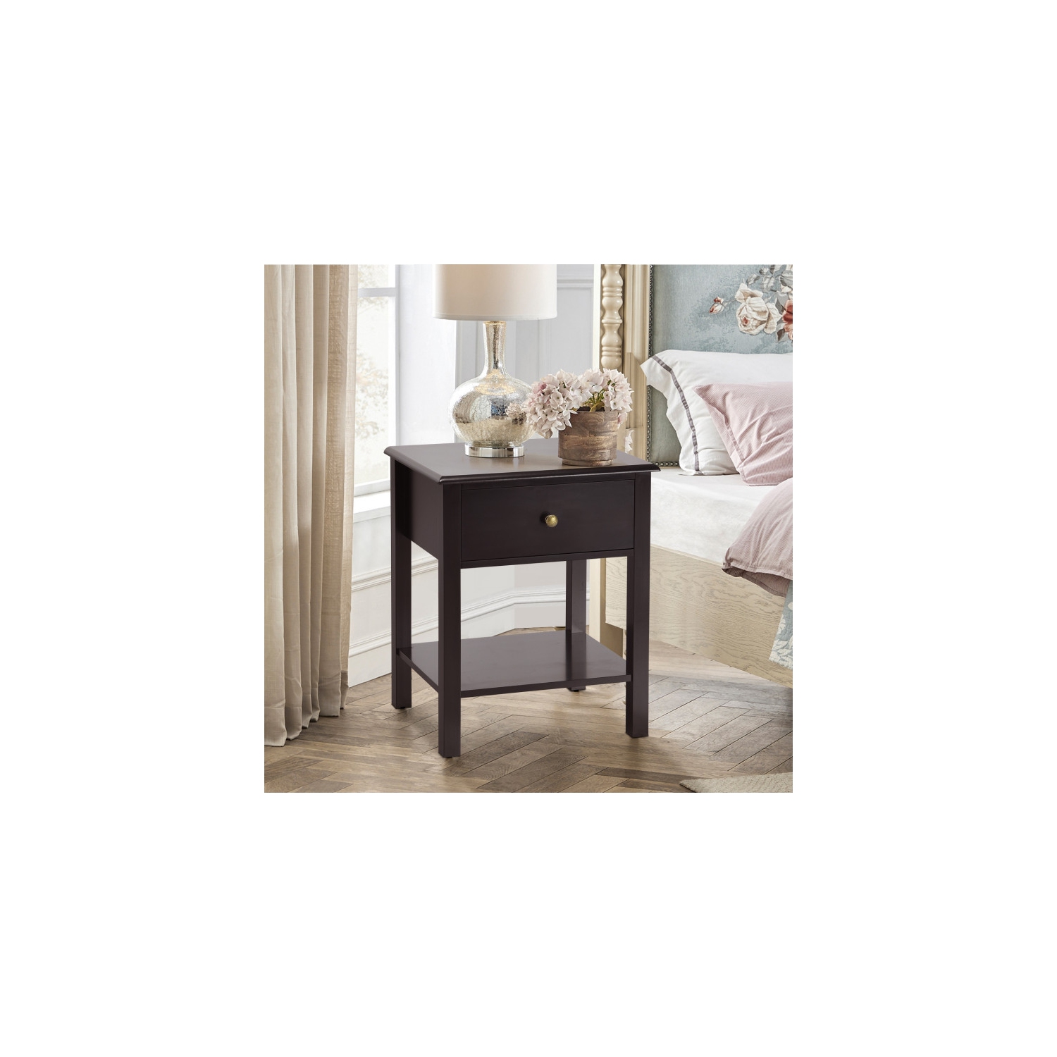 Wood End Table with Single Drawer and Storage Shelf – Nightstand with Minimalist Design