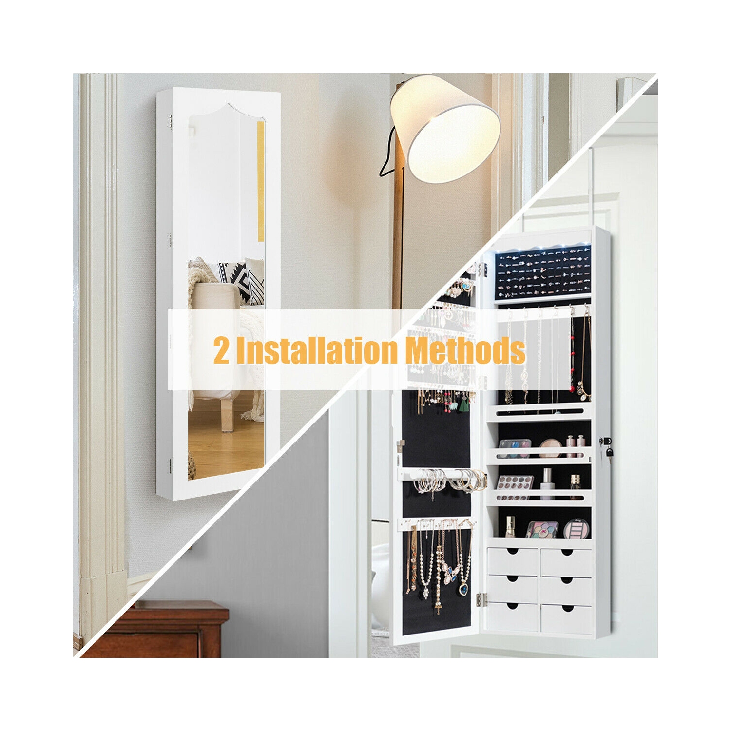 Armoire à bijoux murale verrouillable avec 5 LED et 6 tiroirs