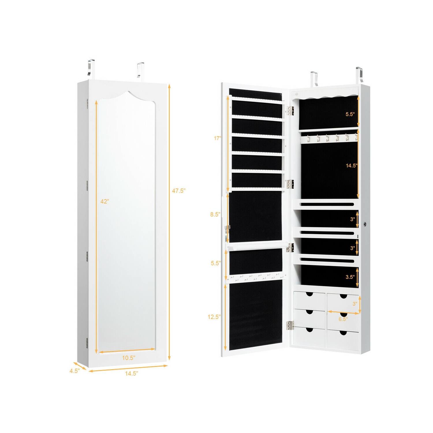 Armoire à bijoux murale verrouillable avec 5 LED et 6 tiroirs
