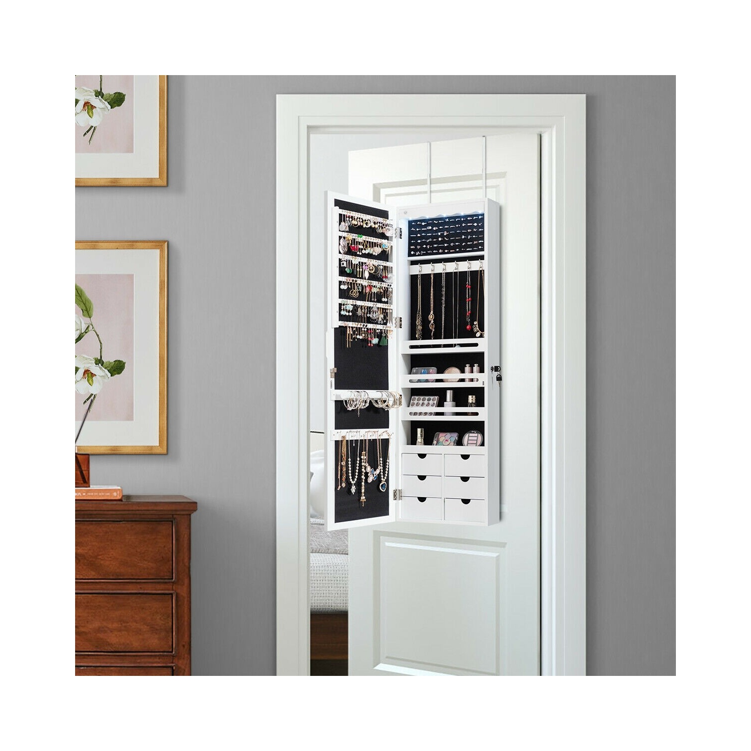 Armoire à bijoux murale verrouillable avec 5 LED et 6 tiroirs