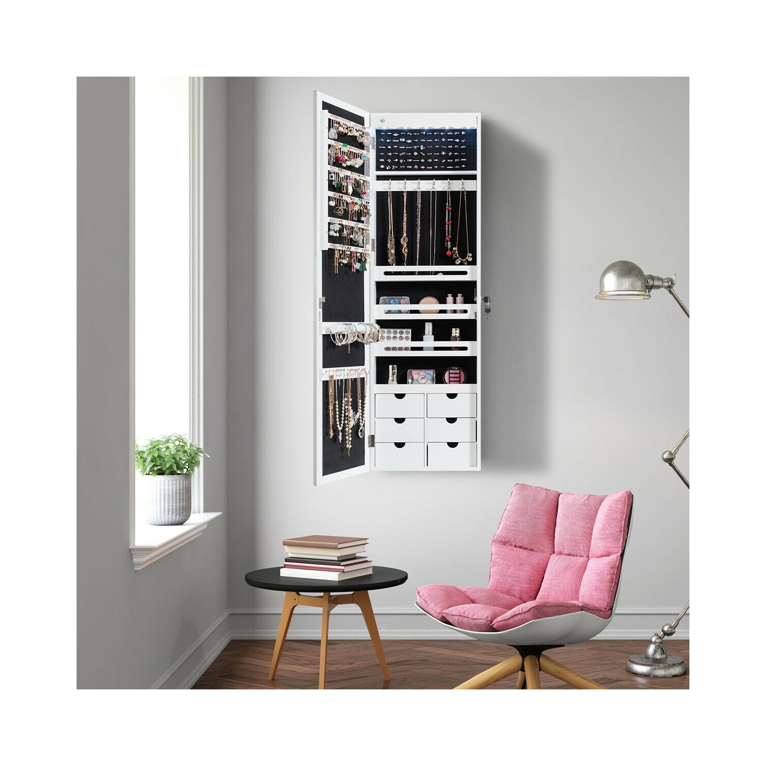 Armoire à bijoux murale verrouillable avec 5 LED et 6 tiroirs