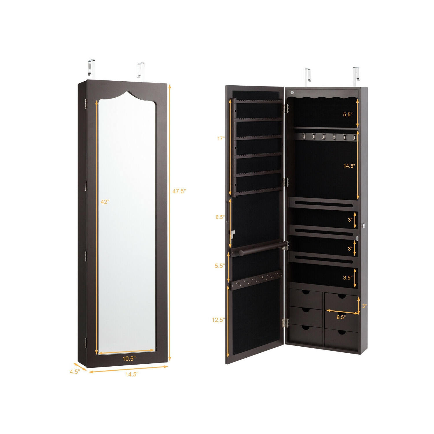 Armoire à bijoux murale verrouillable avec 5 LED et 6 tiroirs