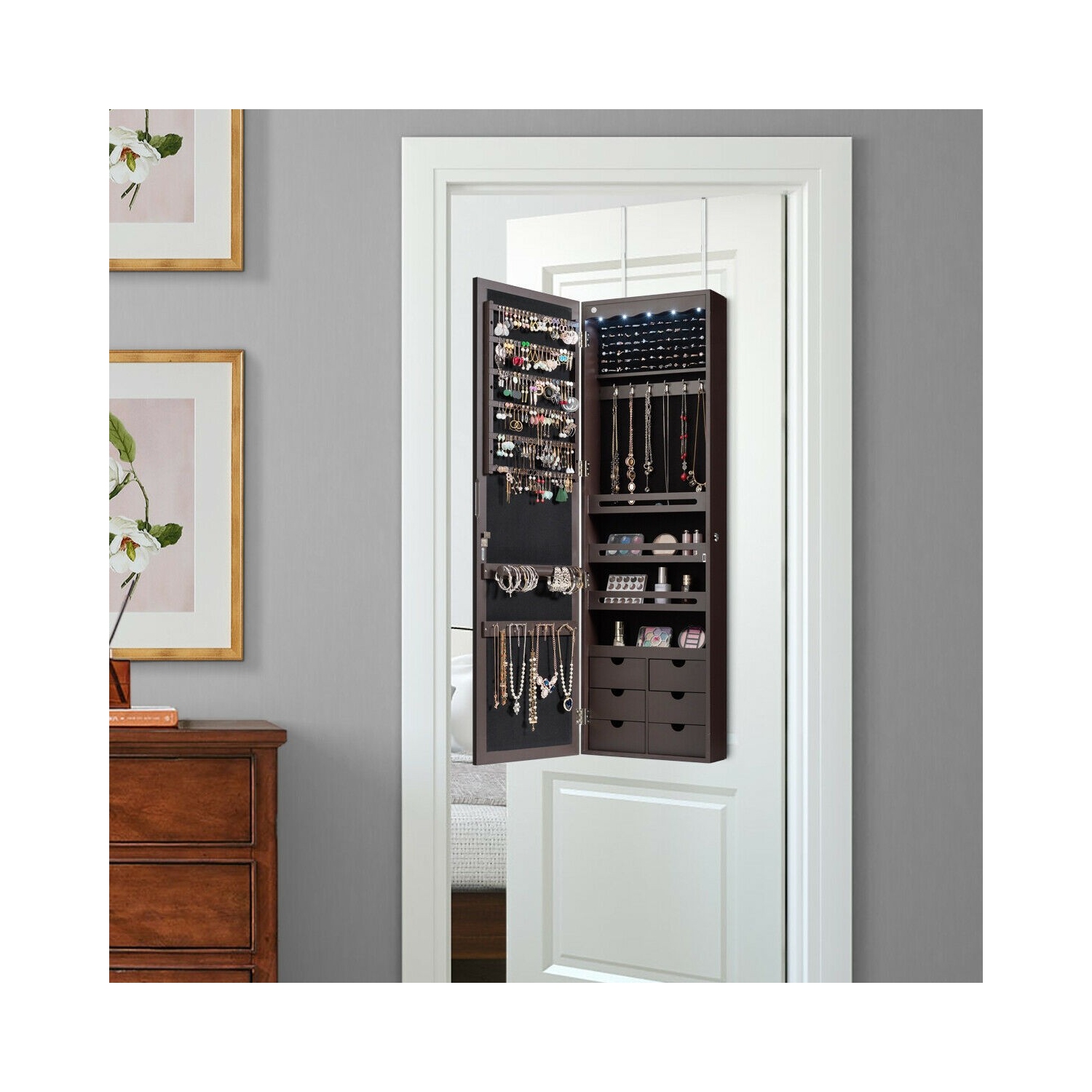 Armoire à bijoux murale verrouillable avec 5 LED et 6 tiroirs