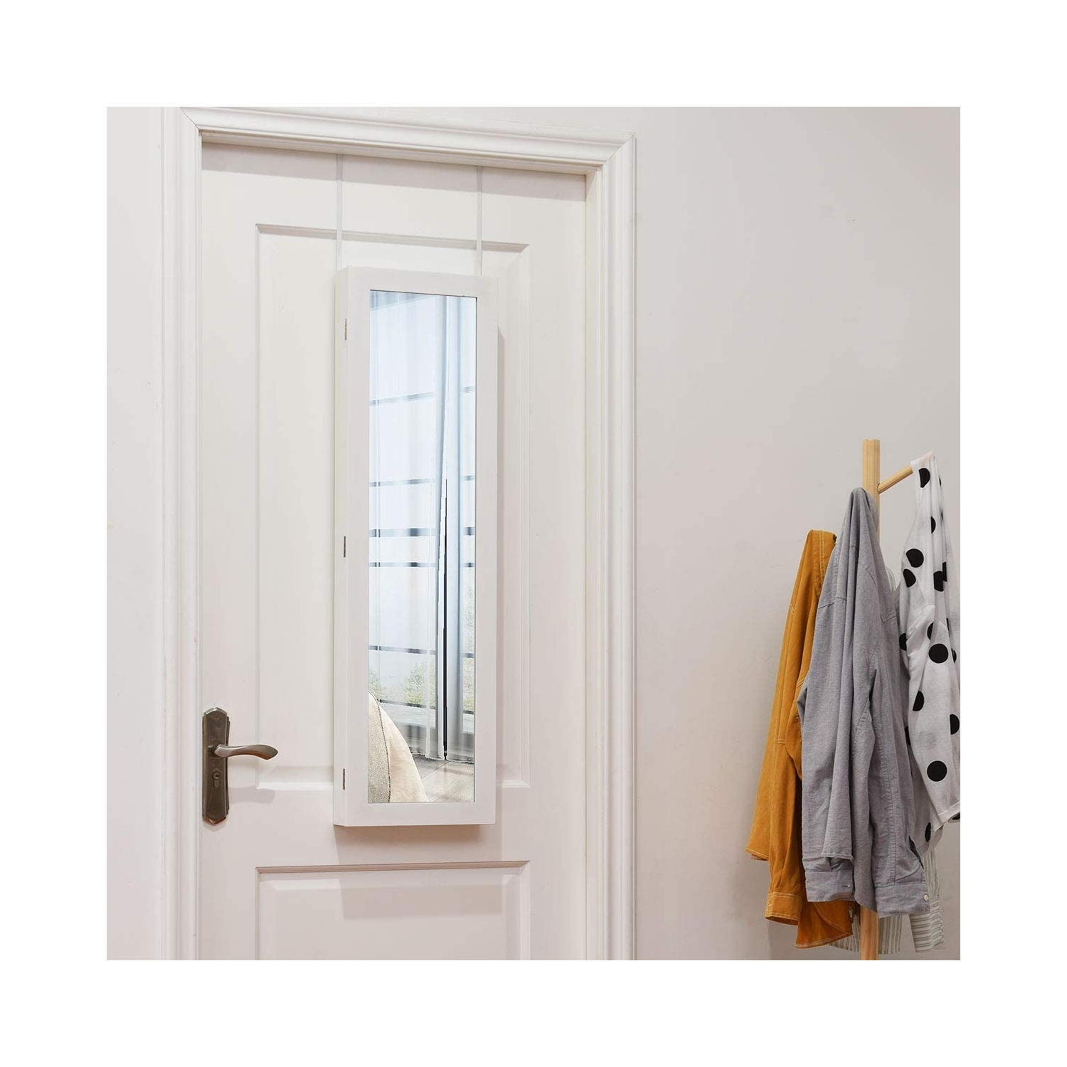 Wall Door Mounted Mirrored Jewelry Cabinet Storage Organizer-White