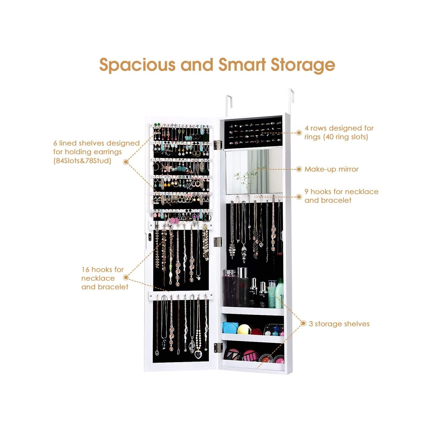 Wall Door Mounted Mirrored Jewelry Cabinet Storage Organizer-White