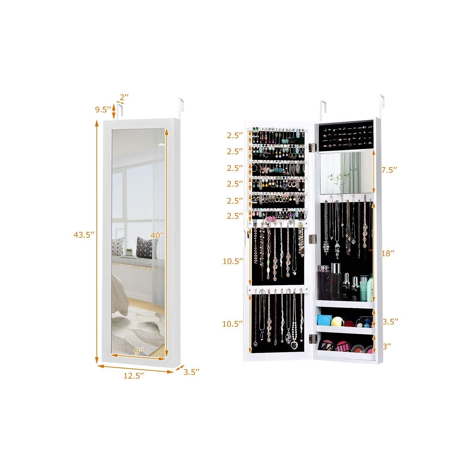 Wall Door Mounted Mirrored Jewelry Cabinet Storage Organizer-White