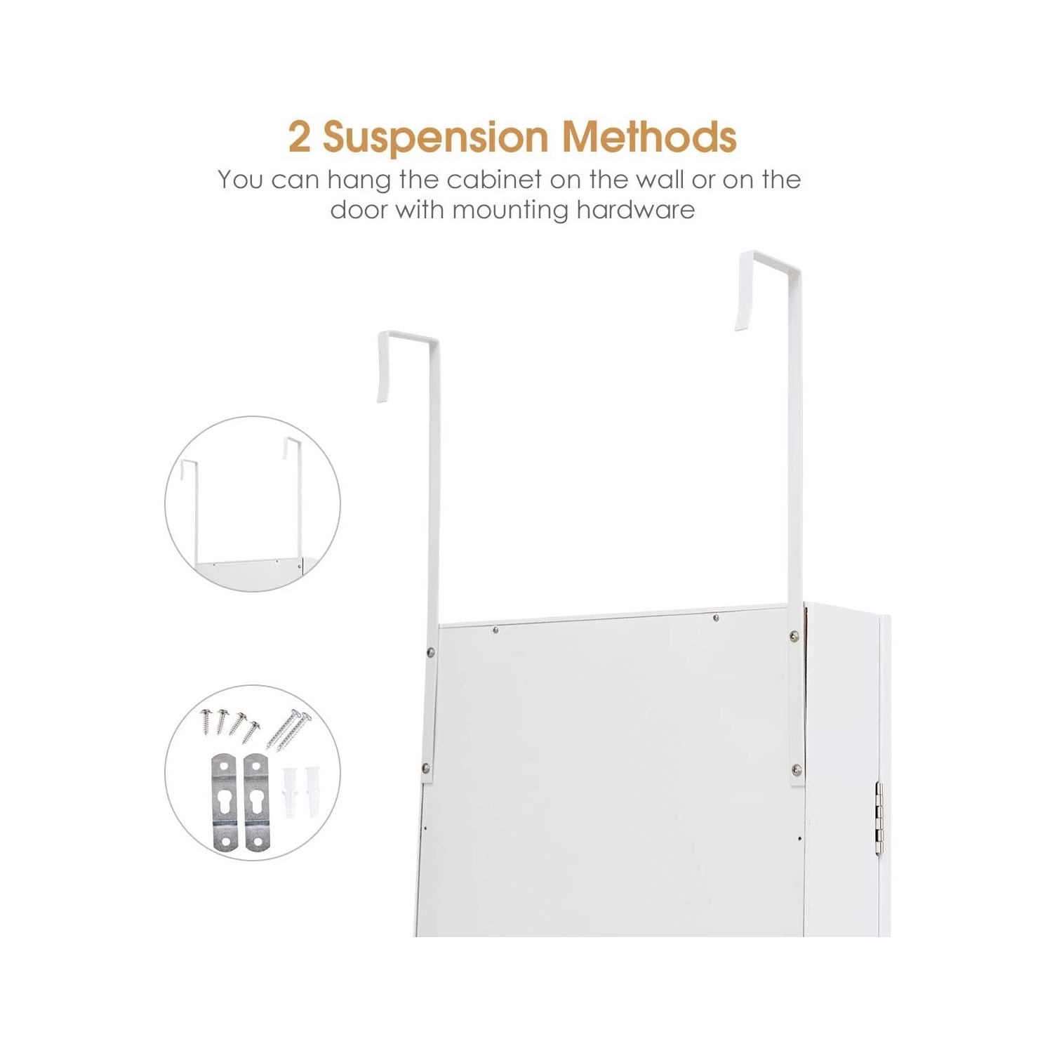 Wall Door Mounted Mirrored Jewelry Cabinet Storage Organizer-White