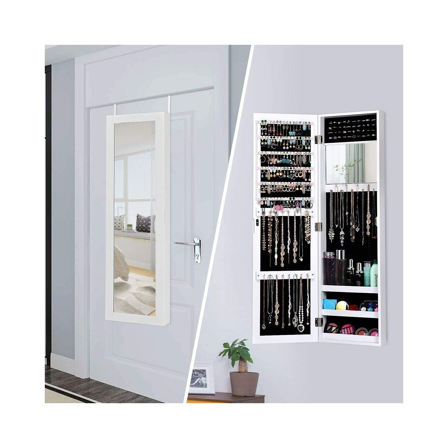 Wall Door Mounted Mirrored Jewelry Cabinet Storage Organizer-White