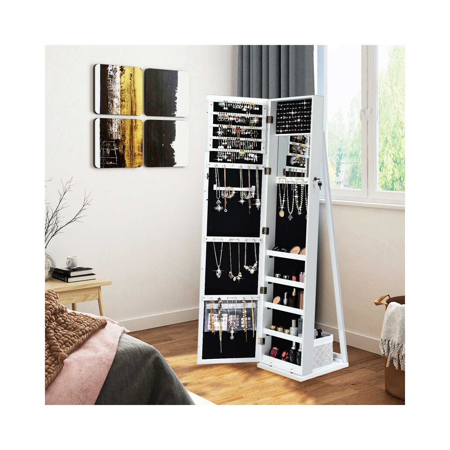 Armoire à bijoux debout verrouillable avec miroir pour une vue pleine longueur