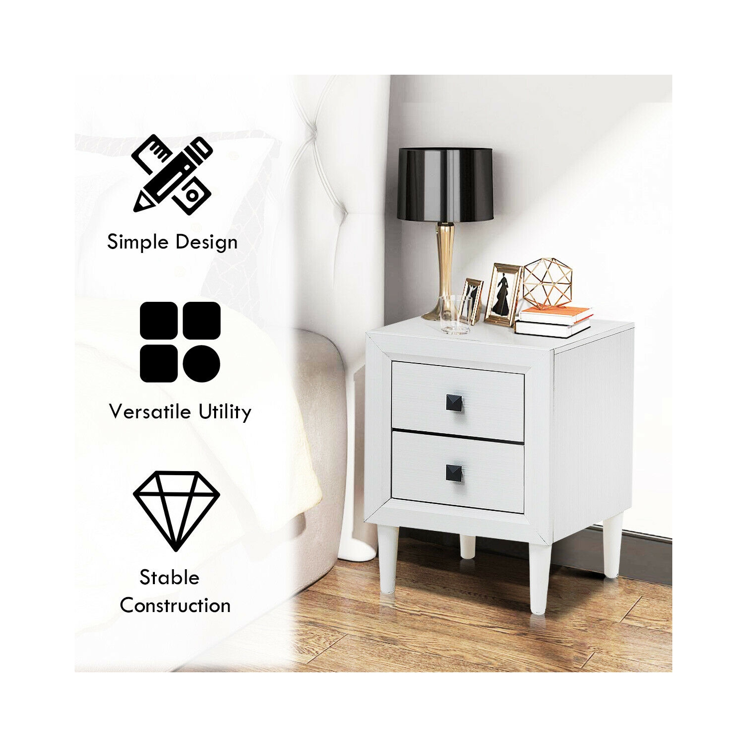 Multipurpose Retro Bedside Nightstand with 2 Drawers