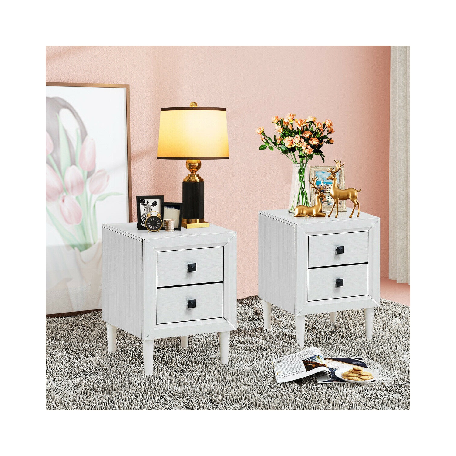 Multipurpose Retro Bedside Nightstand with 2 Drawers