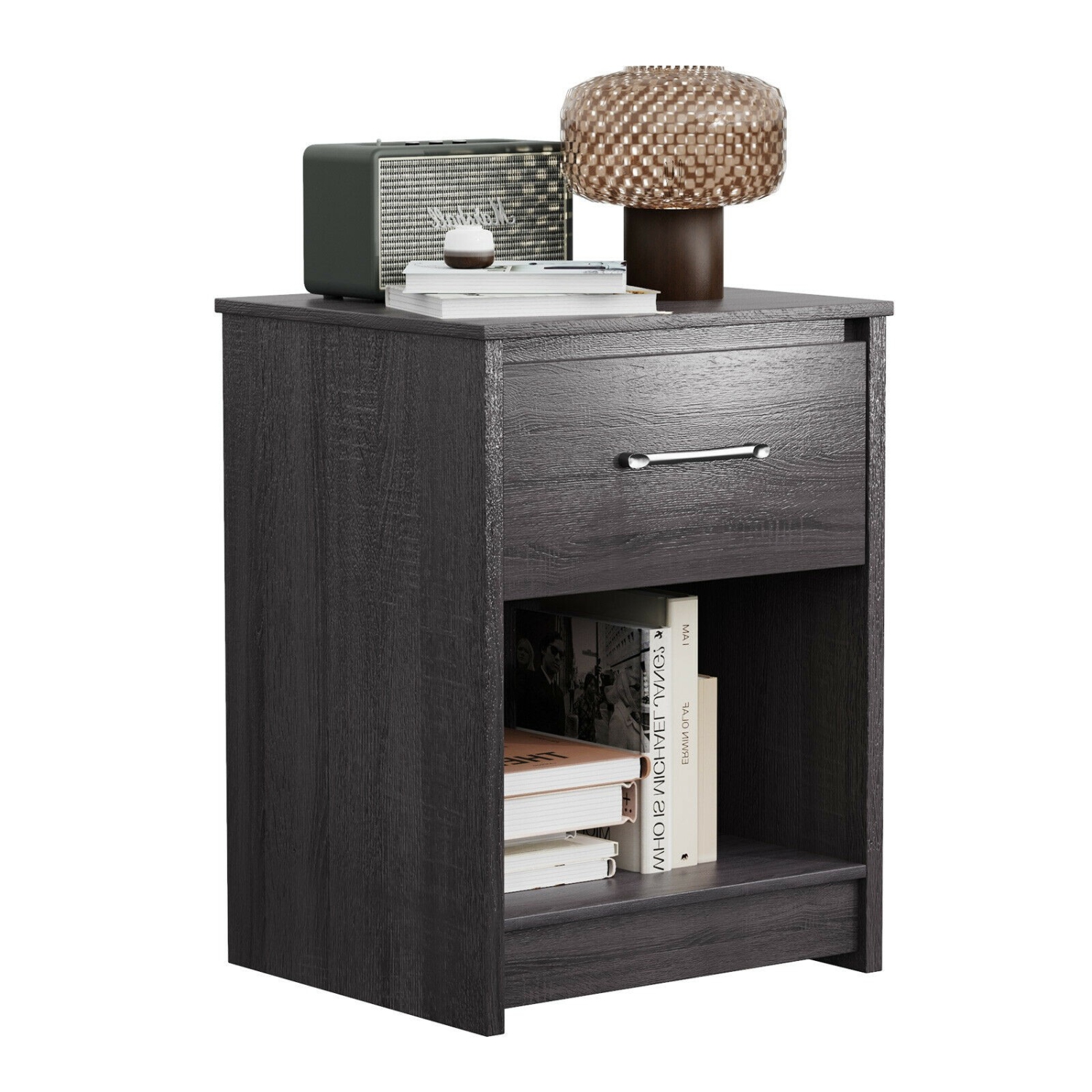 Wooden End Side Table Nightstand with Drawer Storage Shelf-Black