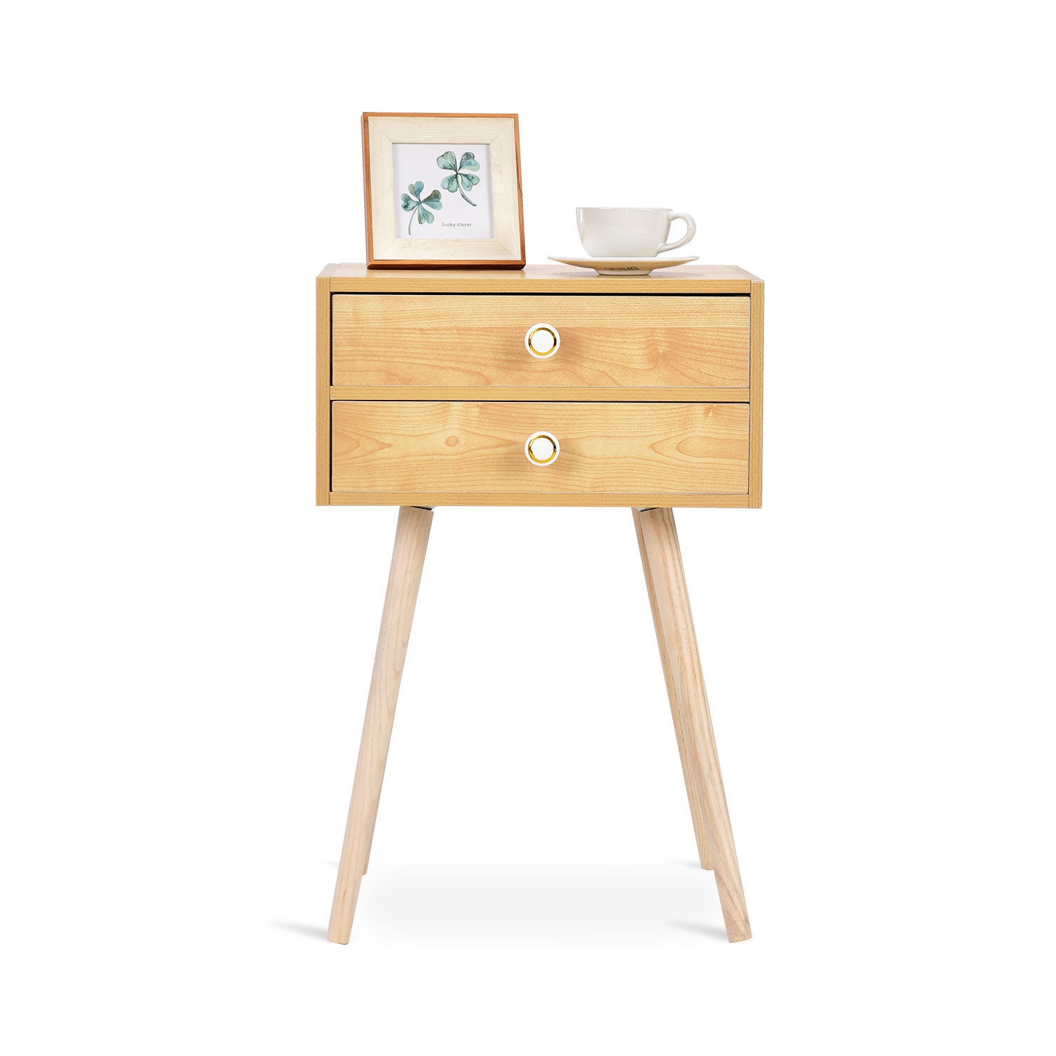 Mid Century Modern 2 Drawers Nightstand in Natural-Natural