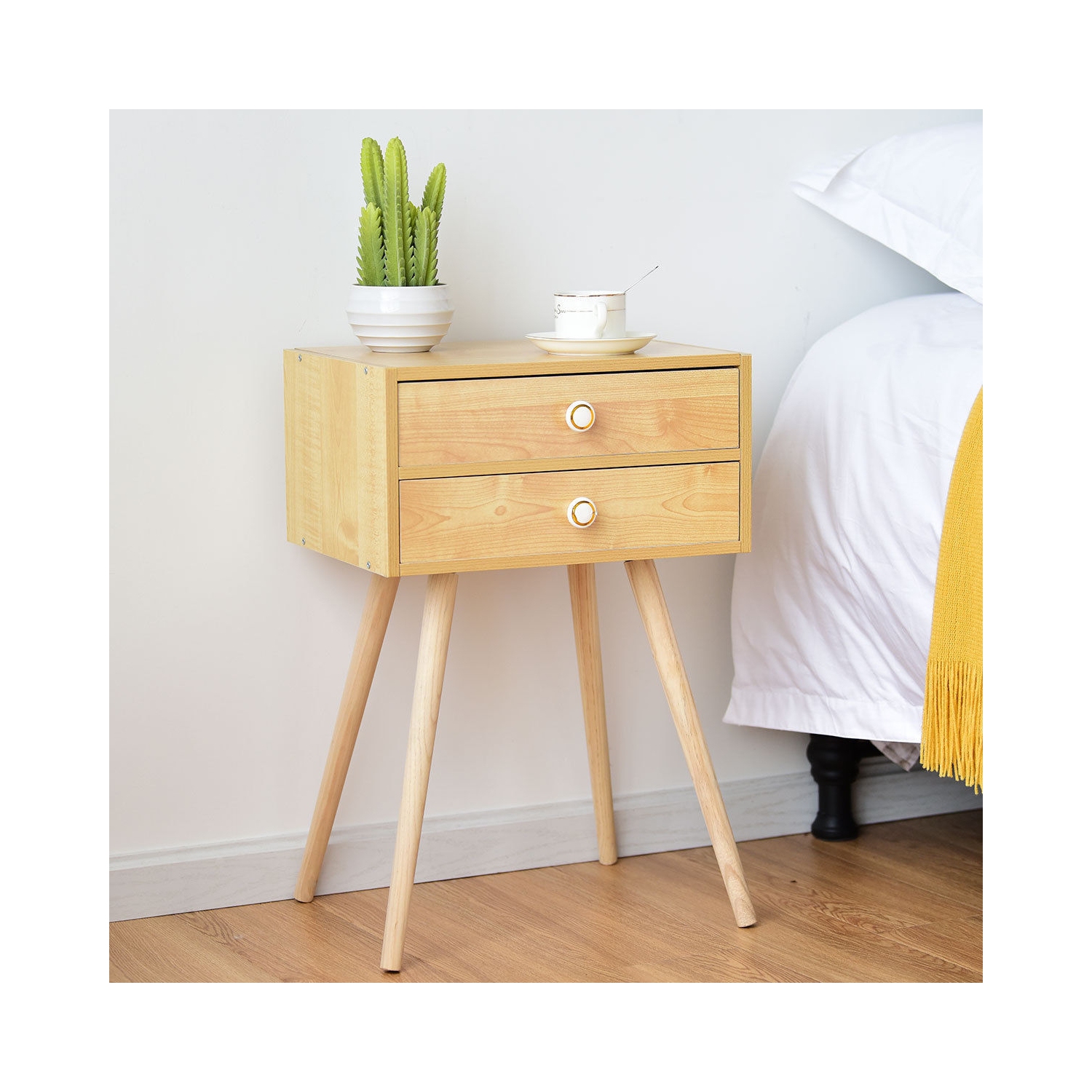 Mid Century Modern 2 Drawers Nightstand in Natural-Natural