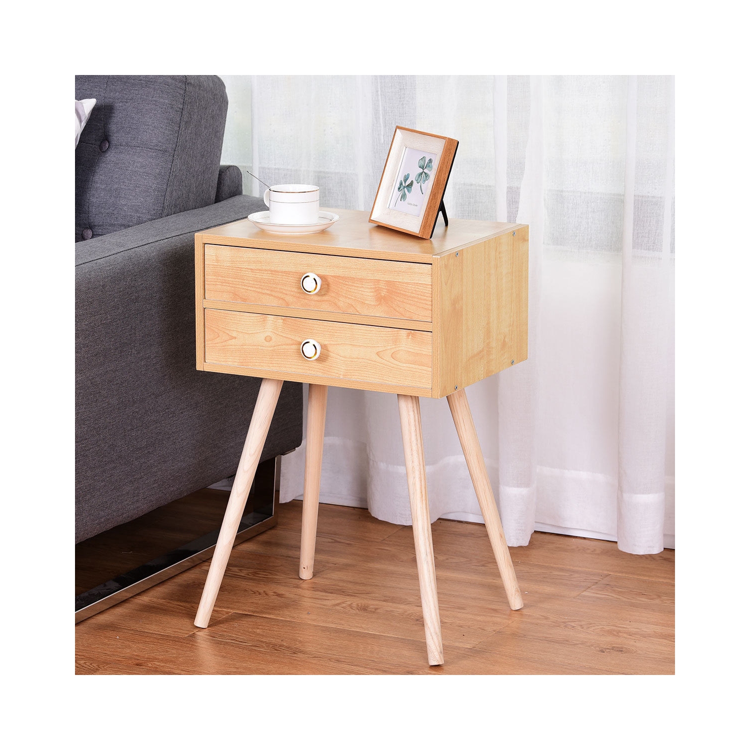 Mid Century Modern 2 Drawers Nightstand in Natural-Natural