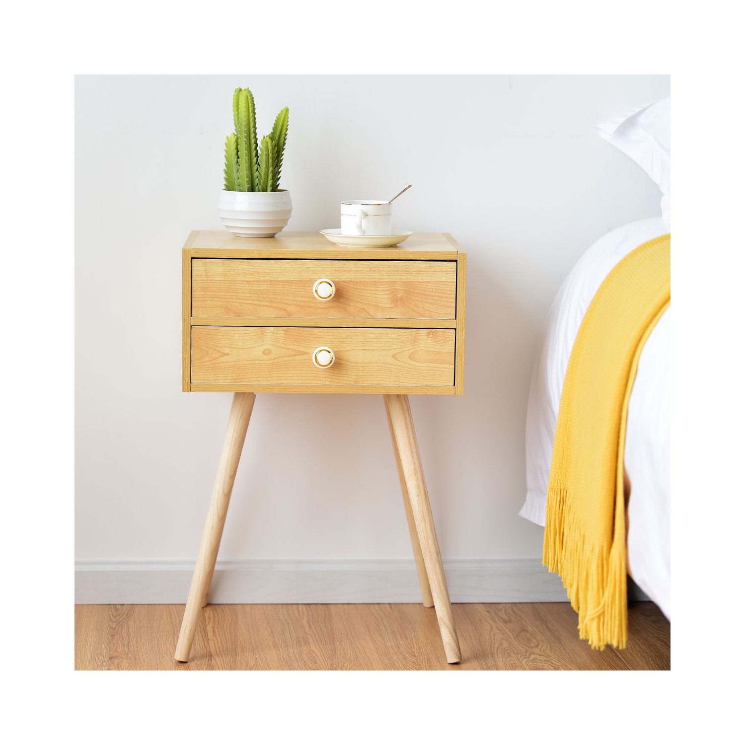 Mid Century Modern 2 Drawers Nightstand in Natural-Natural