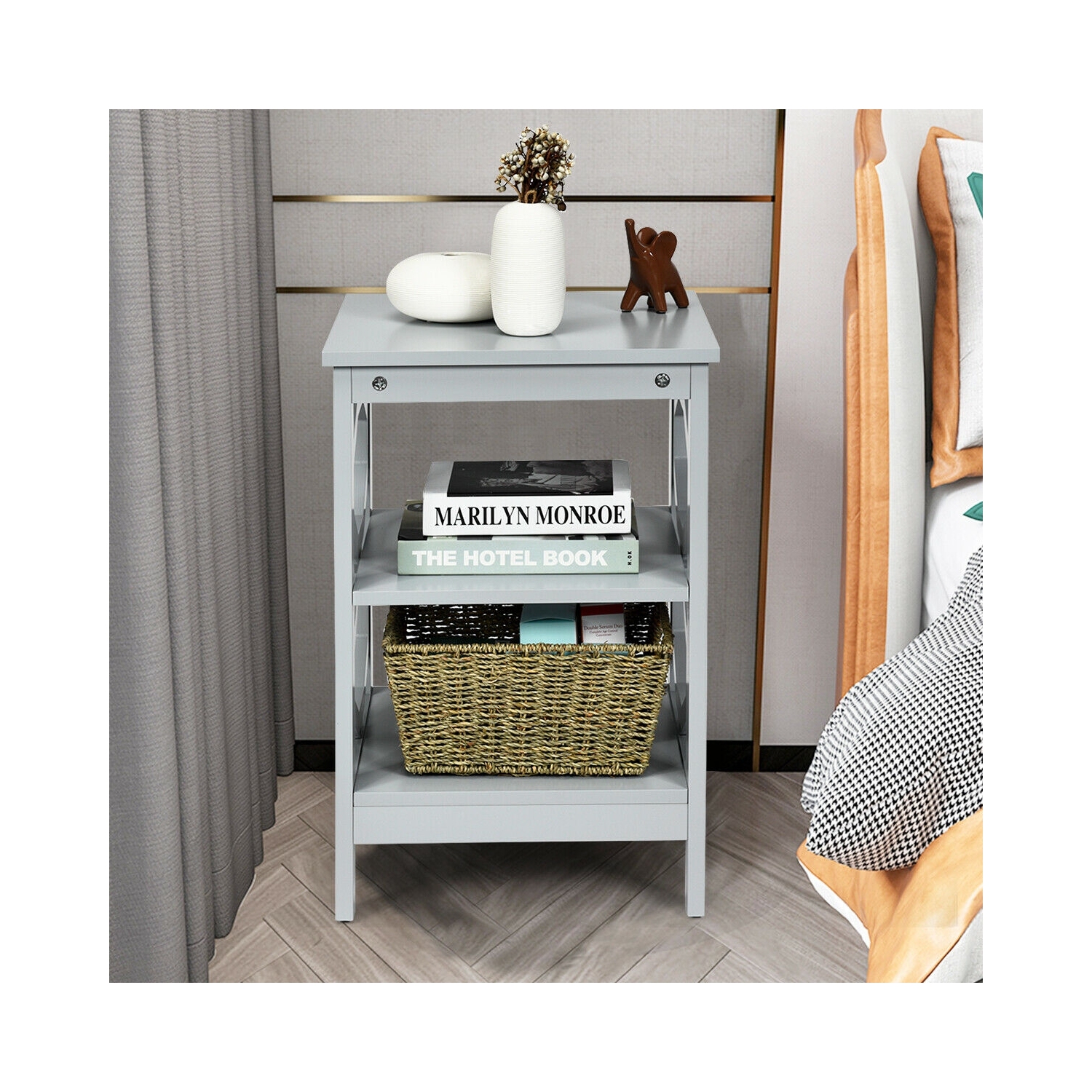 3-tier Nightstand Sofa Side End Accent Table-Gray