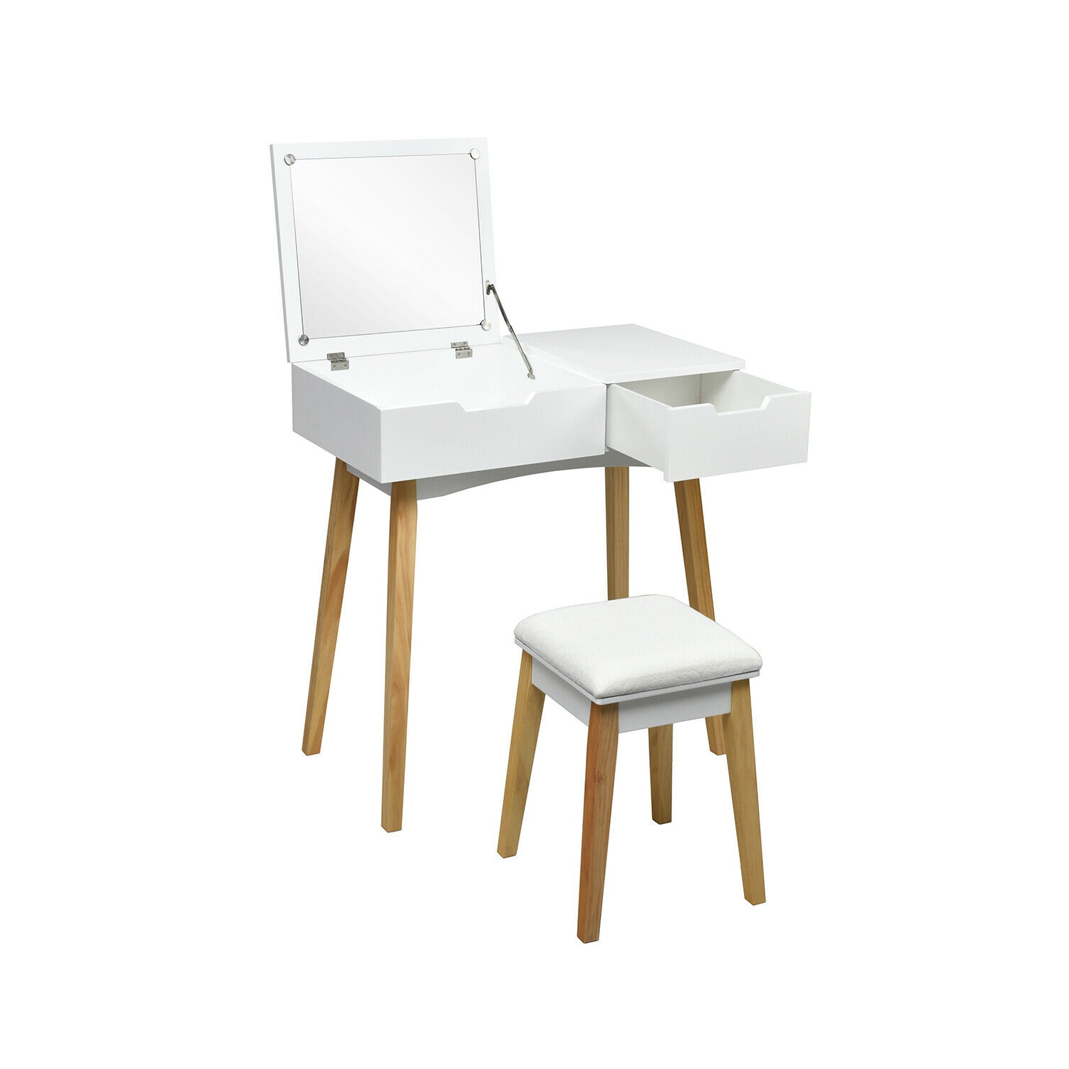 Vanity Makeup Table Cushioned Stool Set with Flip Top Mirror