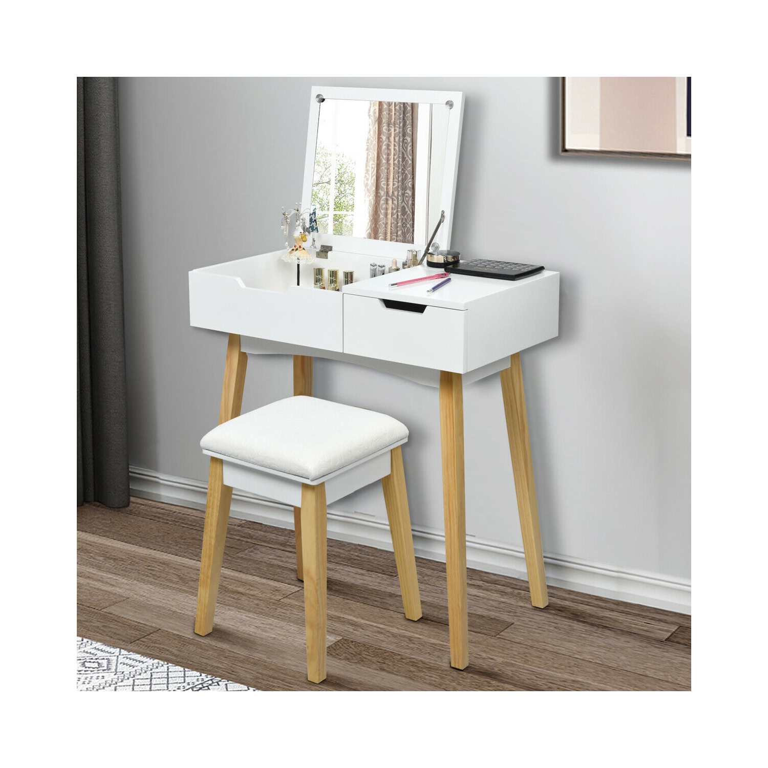 Vanity Makeup Table Cushioned Stool Set with Flip Top Mirror