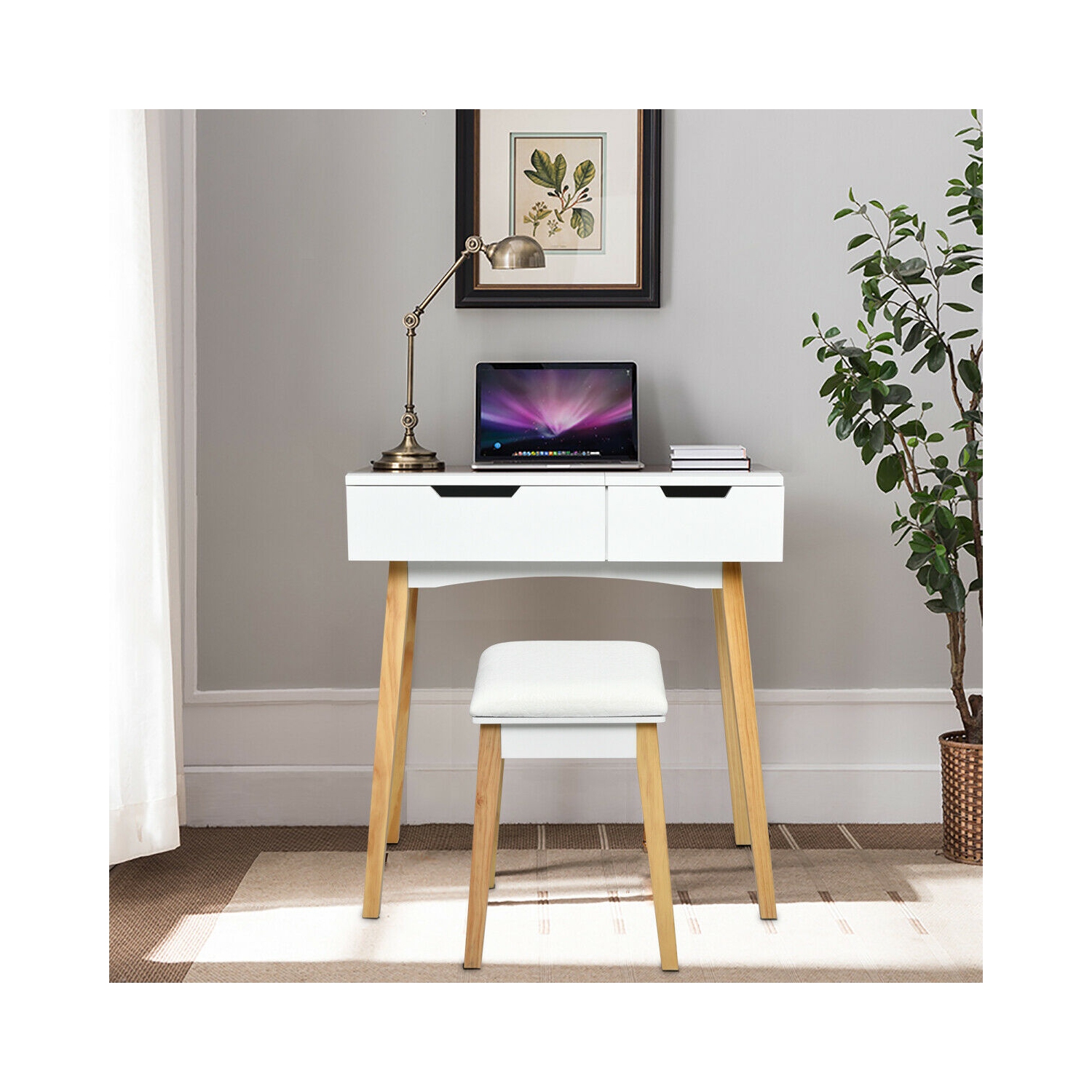 Vanity Makeup Table Cushioned Stool Set with Flip Top Mirror