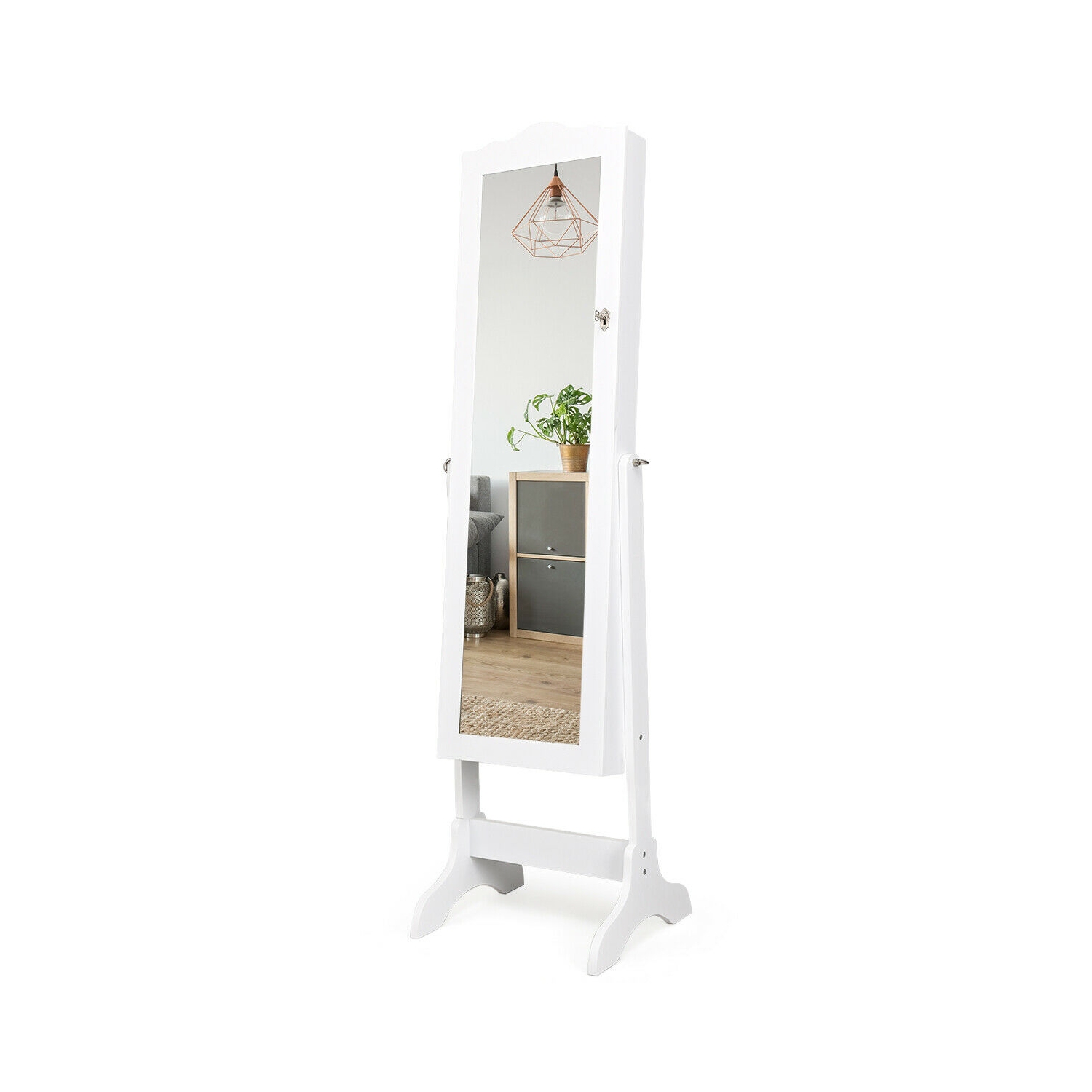 Mirrored Lockable Jewelry Cabinet Armoire Organizer Storage Box-White