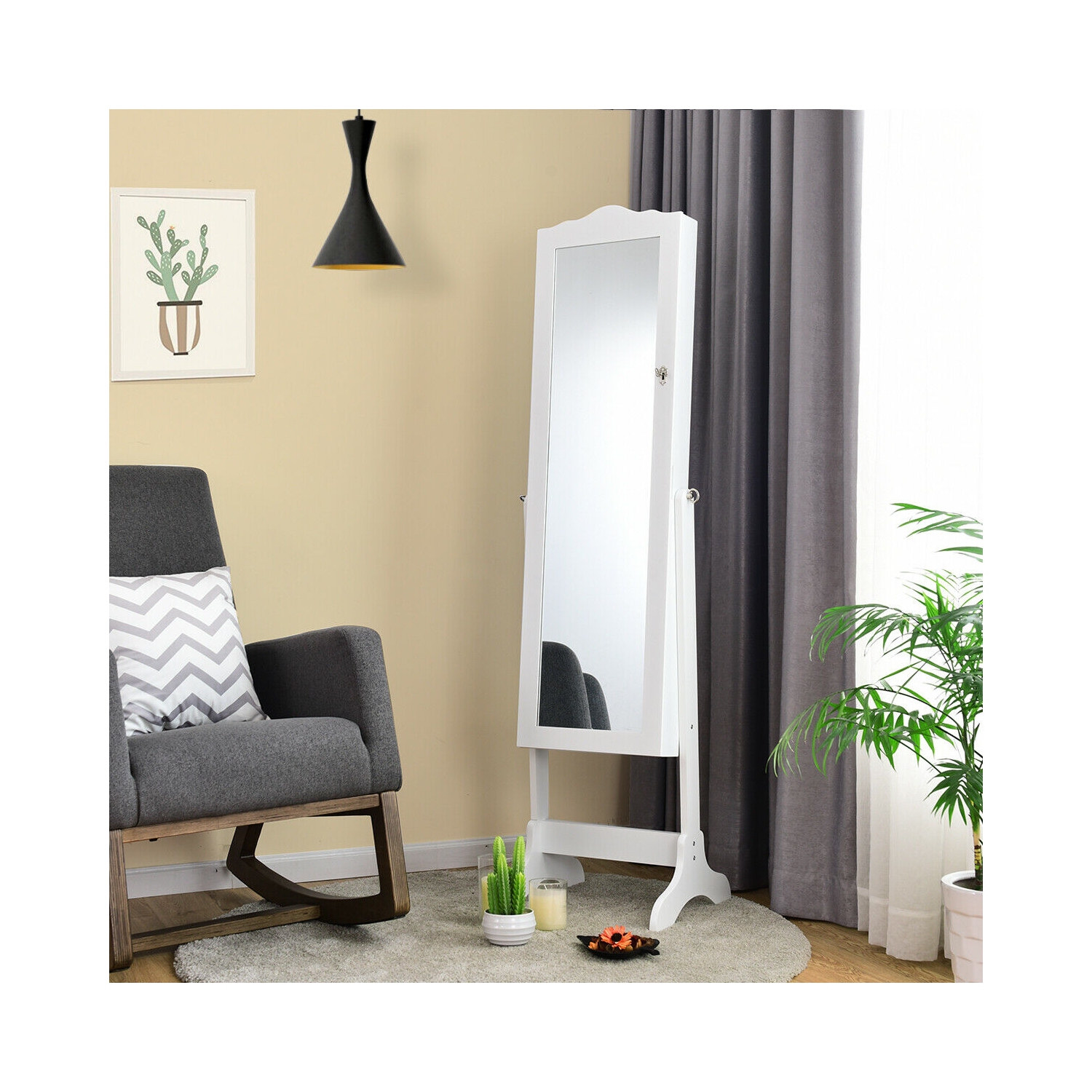 Mirrored Lockable Jewelry Cabinet Armoire Organizer Storage Box-White