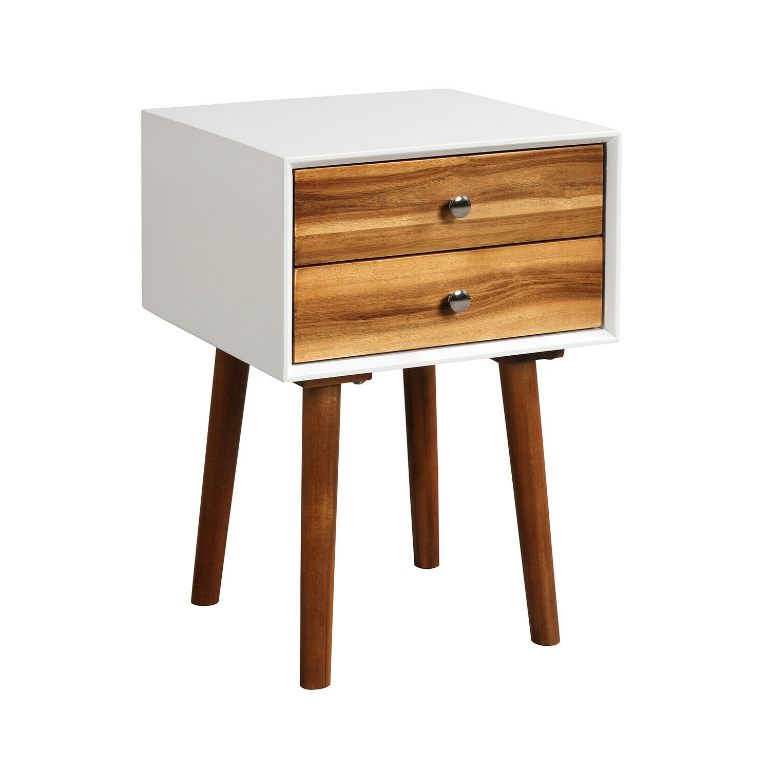 Wooden Nightstand Mid-Century End Side Table with 2 Storage Drawers-Brown