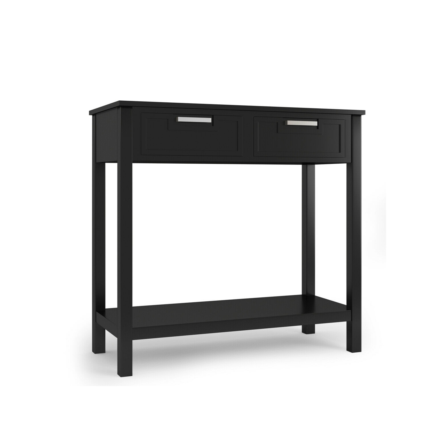 Table console mince avec tiroirs et tablette ouverte pour le rangement dans une entrée ou un couloir