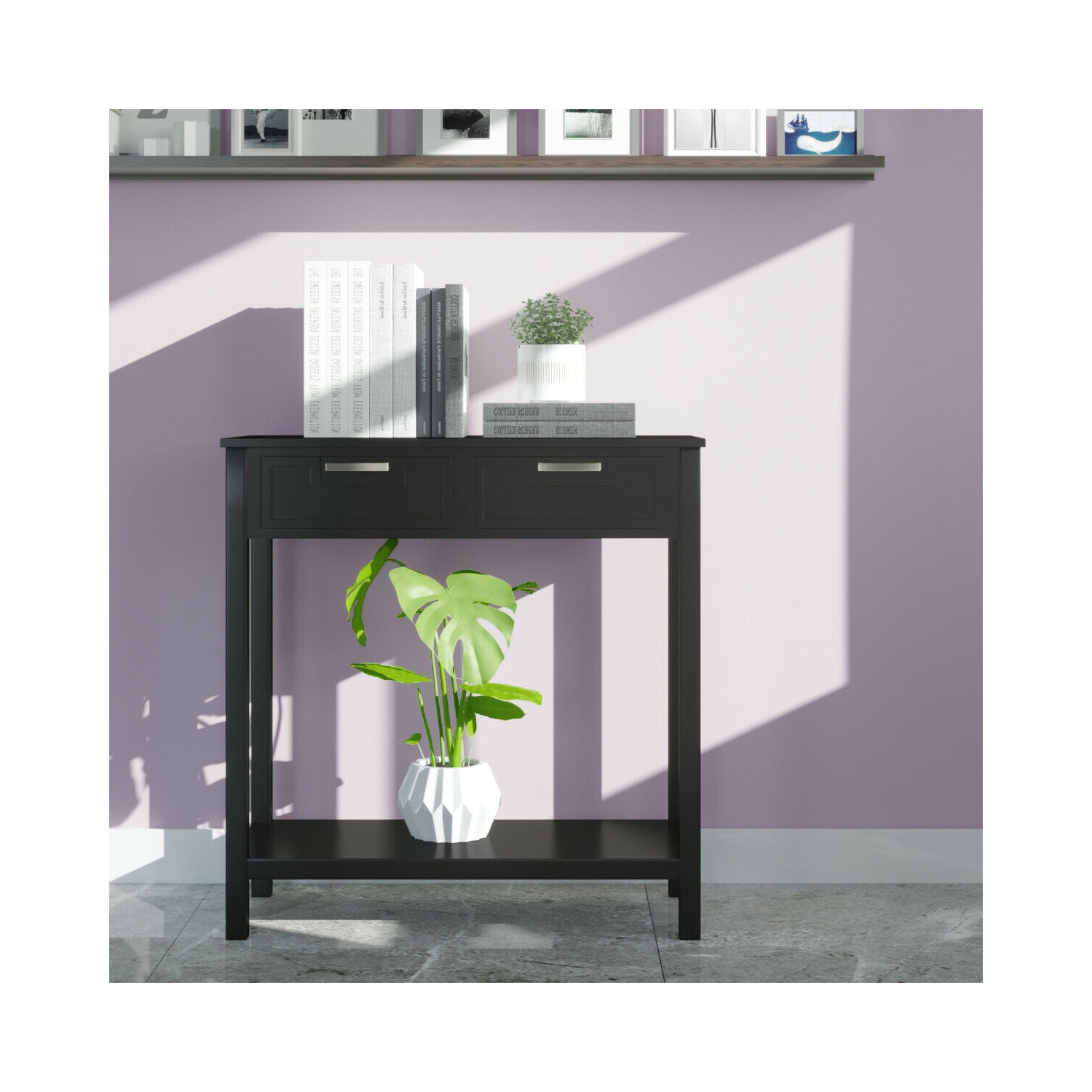 Table console mince avec tiroirs et tablette ouverte pour le rangement dans une entrée ou un couloir