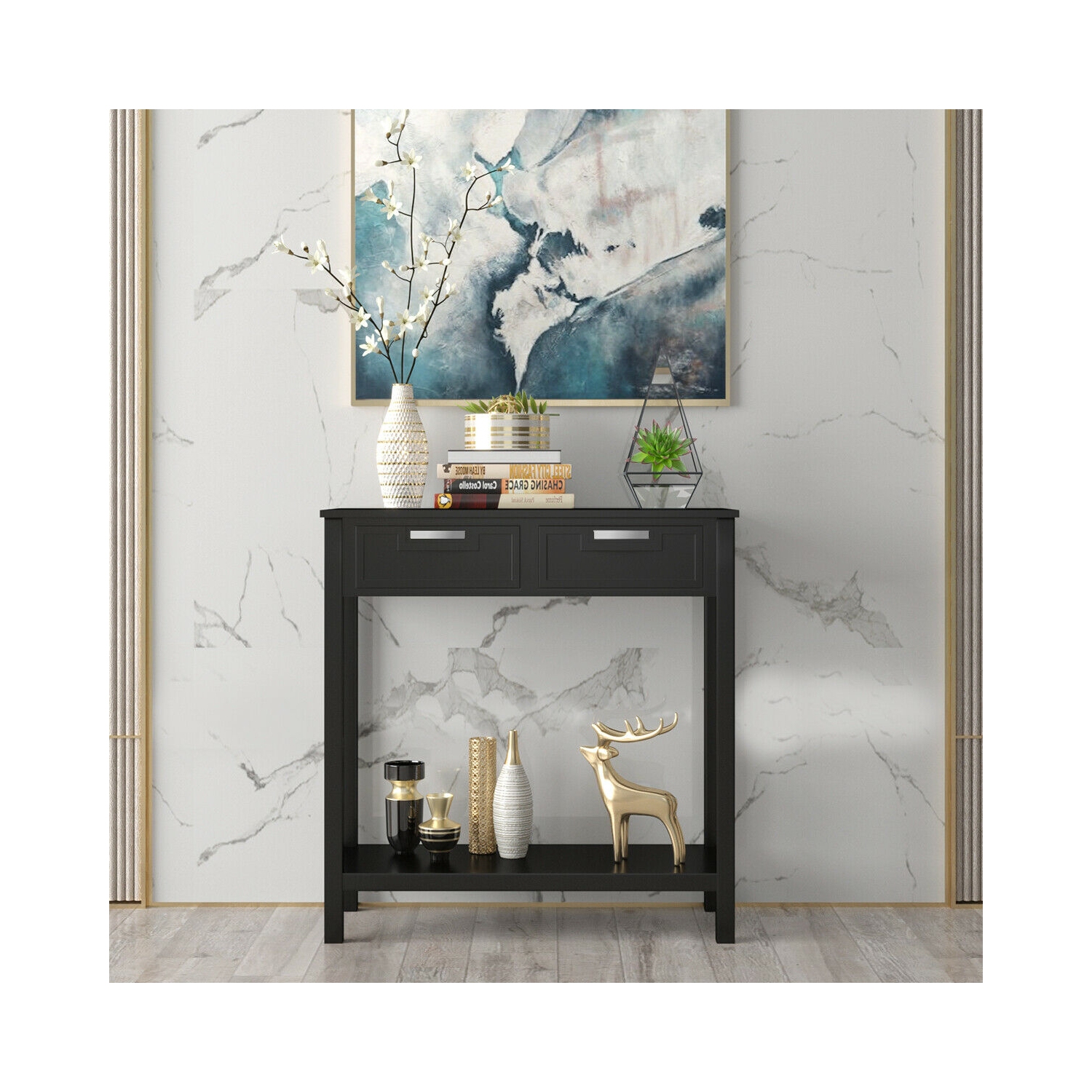 Table console mince avec tiroirs et tablette ouverte pour le rangement dans une entrée ou un couloir