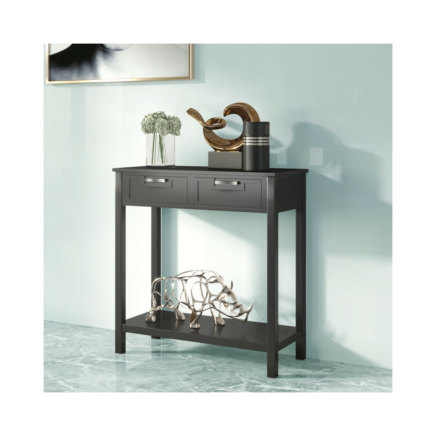 Table console mince avec tiroirs et tablette ouverte pour le rangement dans une entrée ou un couloir