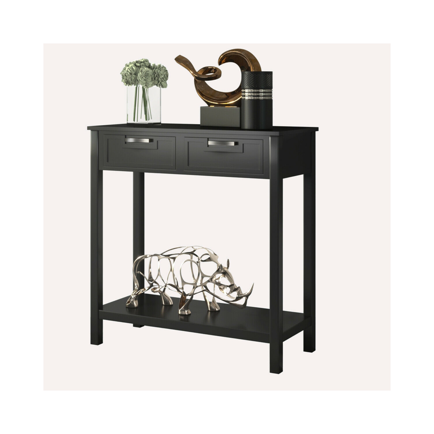 Table console mince avec tiroirs et tablette ouverte pour le rangement dans une entrée ou un couloir