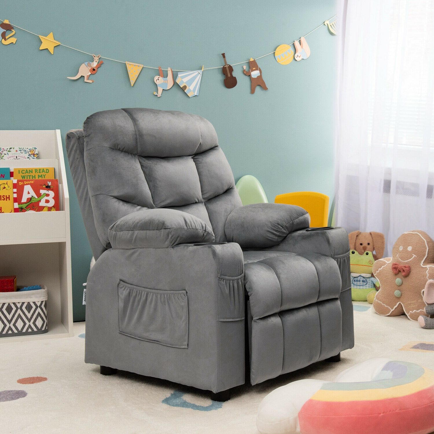 Adjustable Lounge Chair with Footrest and Side Pockets for Children-Gray