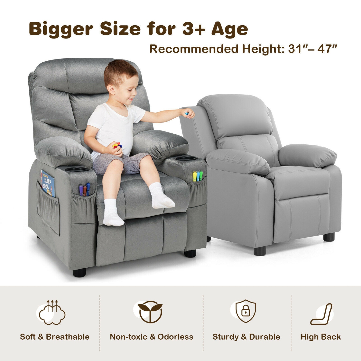 Adjustable Lounge Chair with Footrest and Side Pockets for Children-Gray
