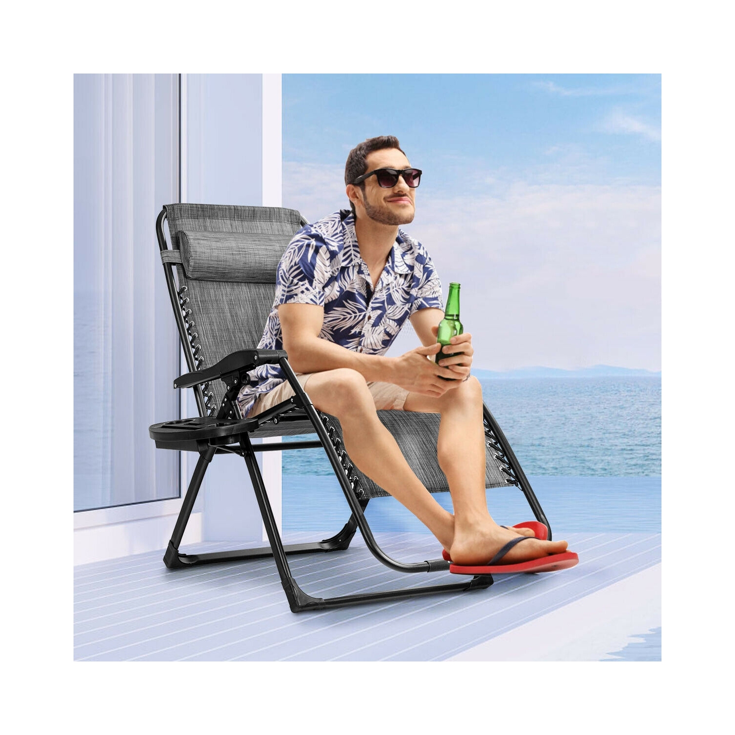 Oversize Lounge Chair with Cup Holder of Heavy Duty for outdoor-Gray