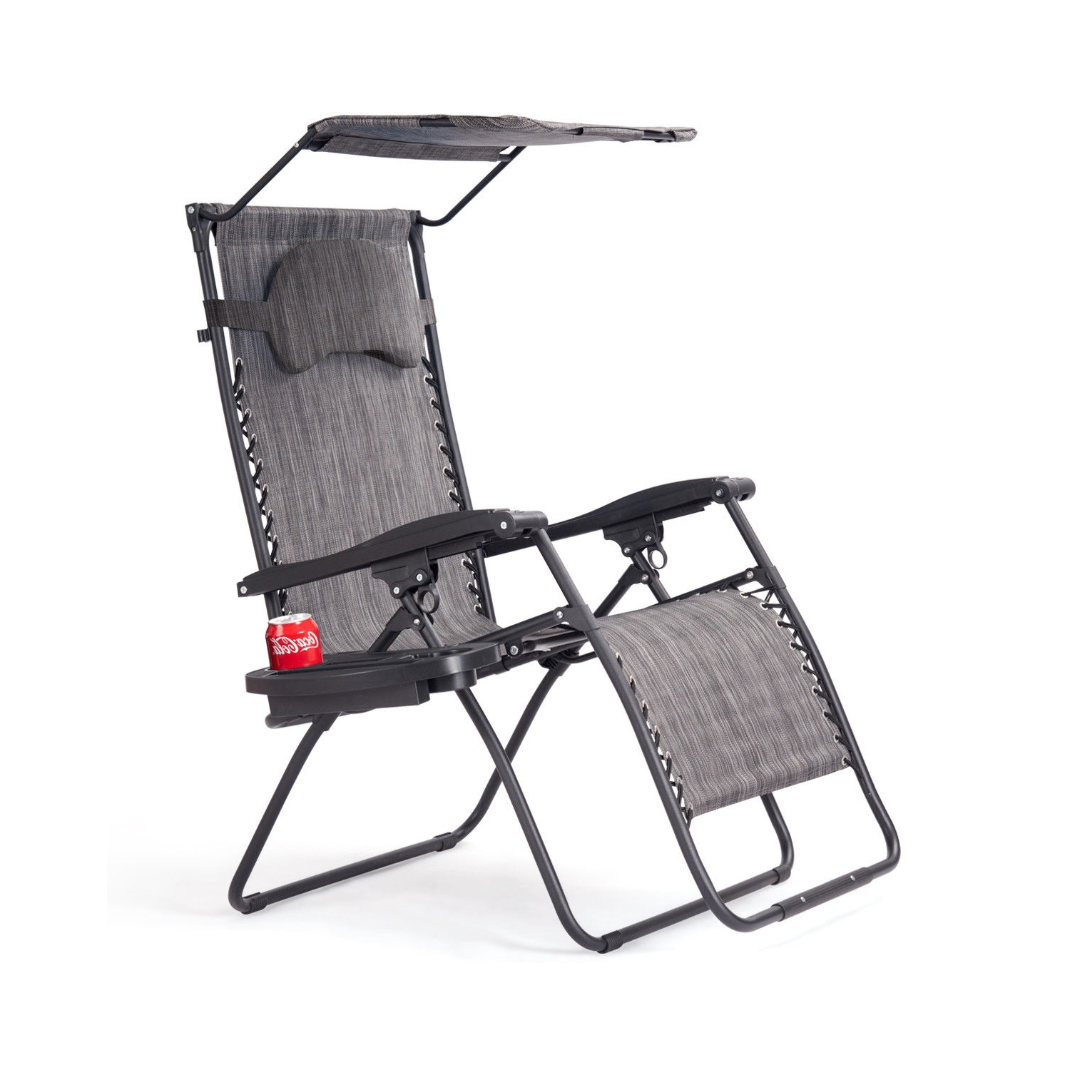 Folding Recliner Lounge Chair w/ Shade Canopy Cup Holder-Gray