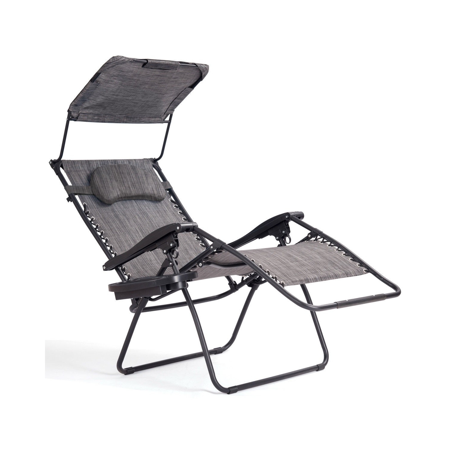 Folding Recliner Lounge Chair w/ Shade Canopy Cup Holder-Gray