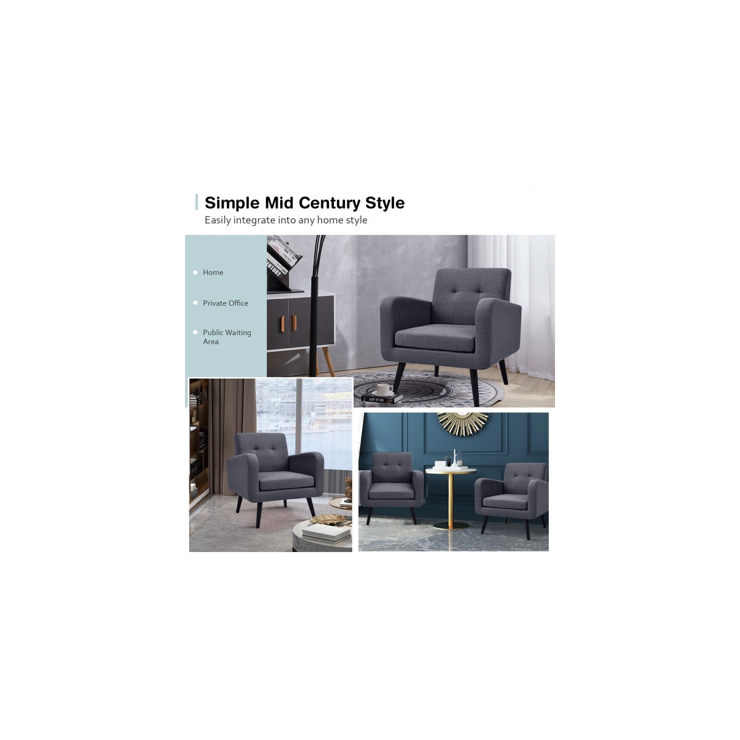 Modern Upholstered Comfy Accent Chair with Rubber Wood Legs