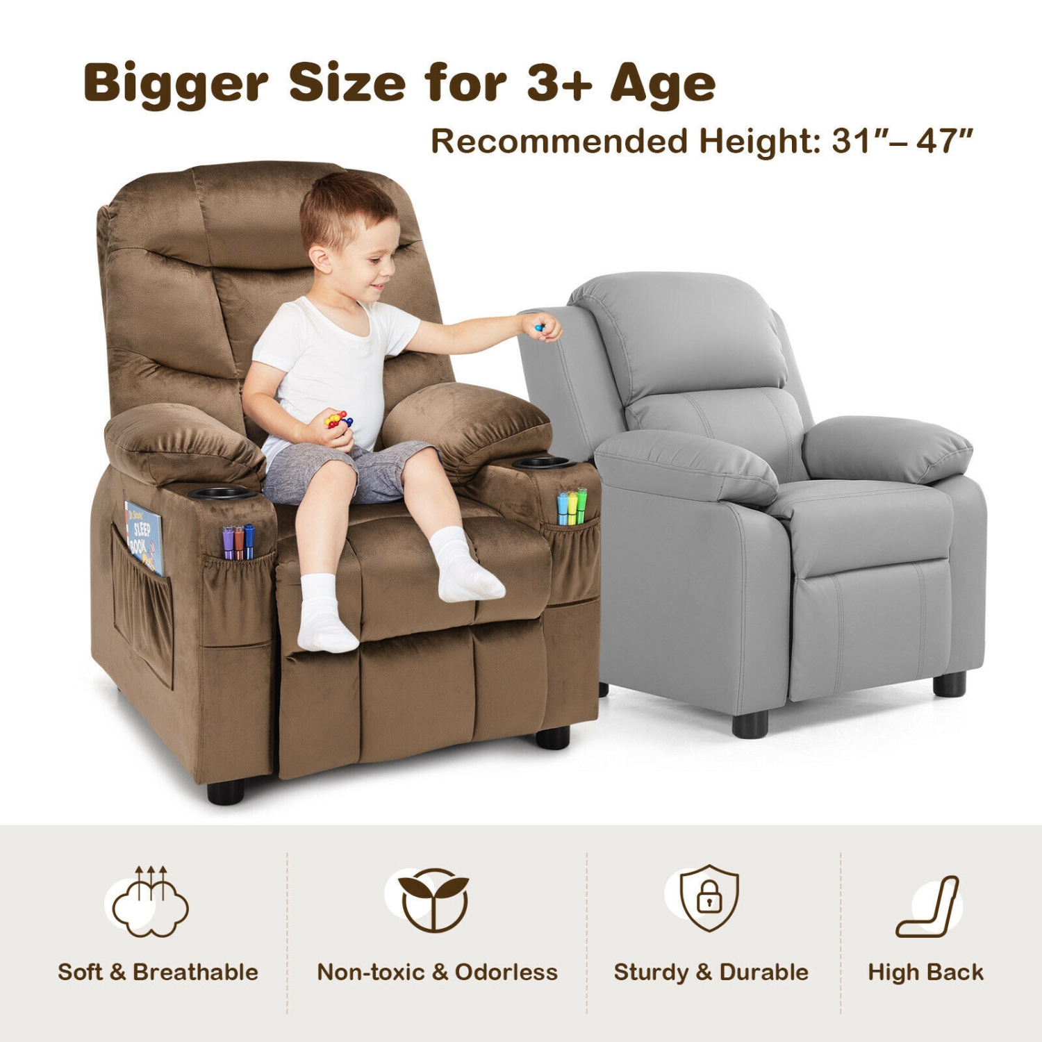 Adjustable Lounge Chair with Footrest and Side Pockets for Children-Brown