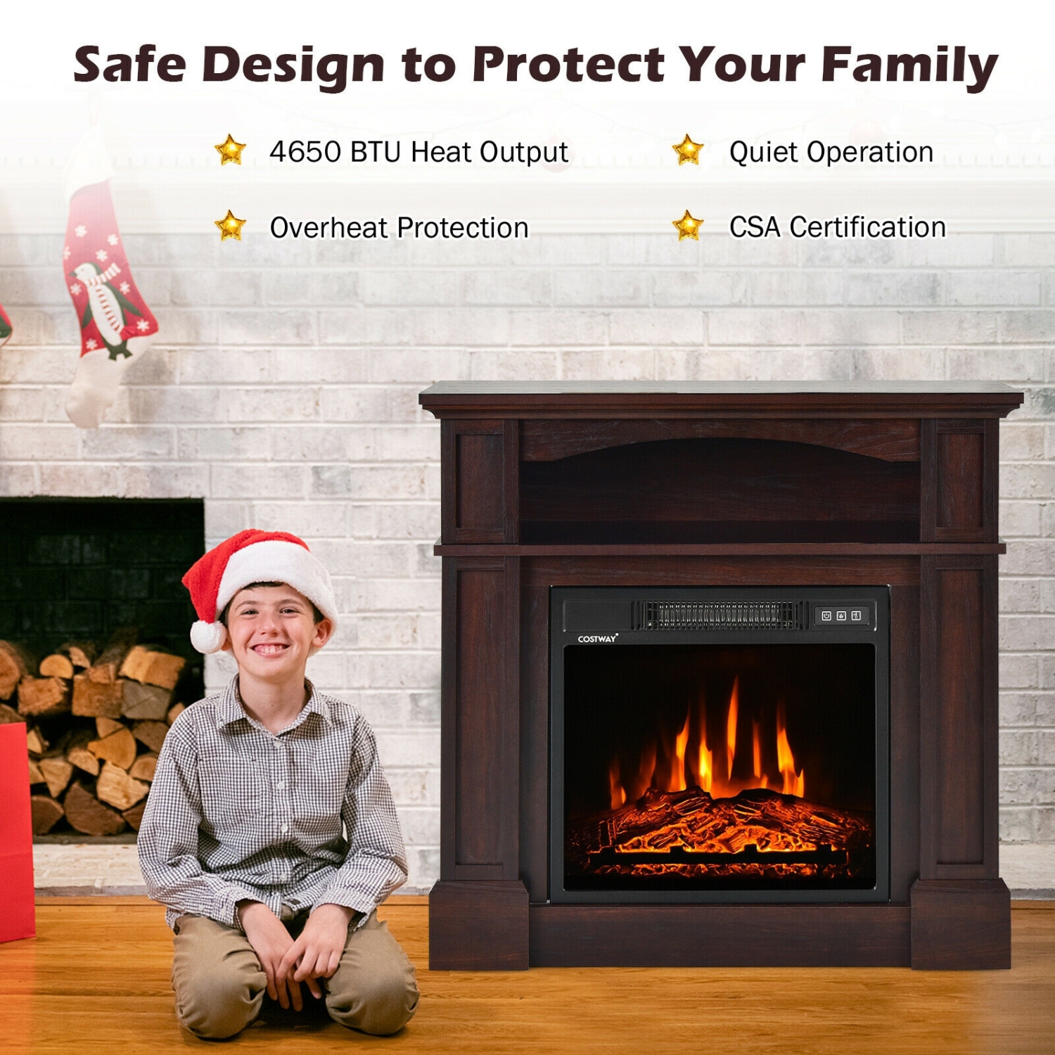 32 Inch 1400W Electric Fireplace Mantel with Remote Control