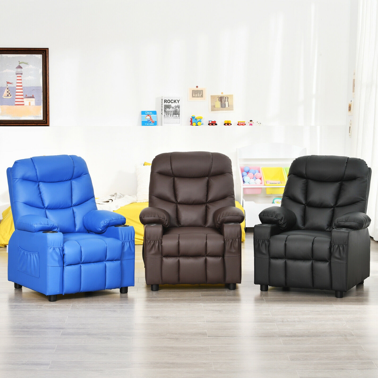 Fauteuil inclinable en similicuir en polyuréthane pour enfants avec porte-gobelets et poches latérales - Brun