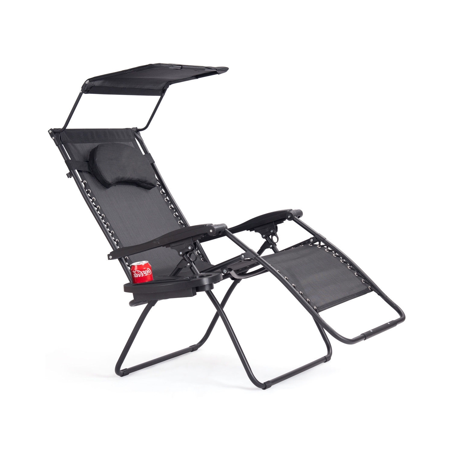Folding Patio Recliner Lounge Chair with Canopy and Cup Holder