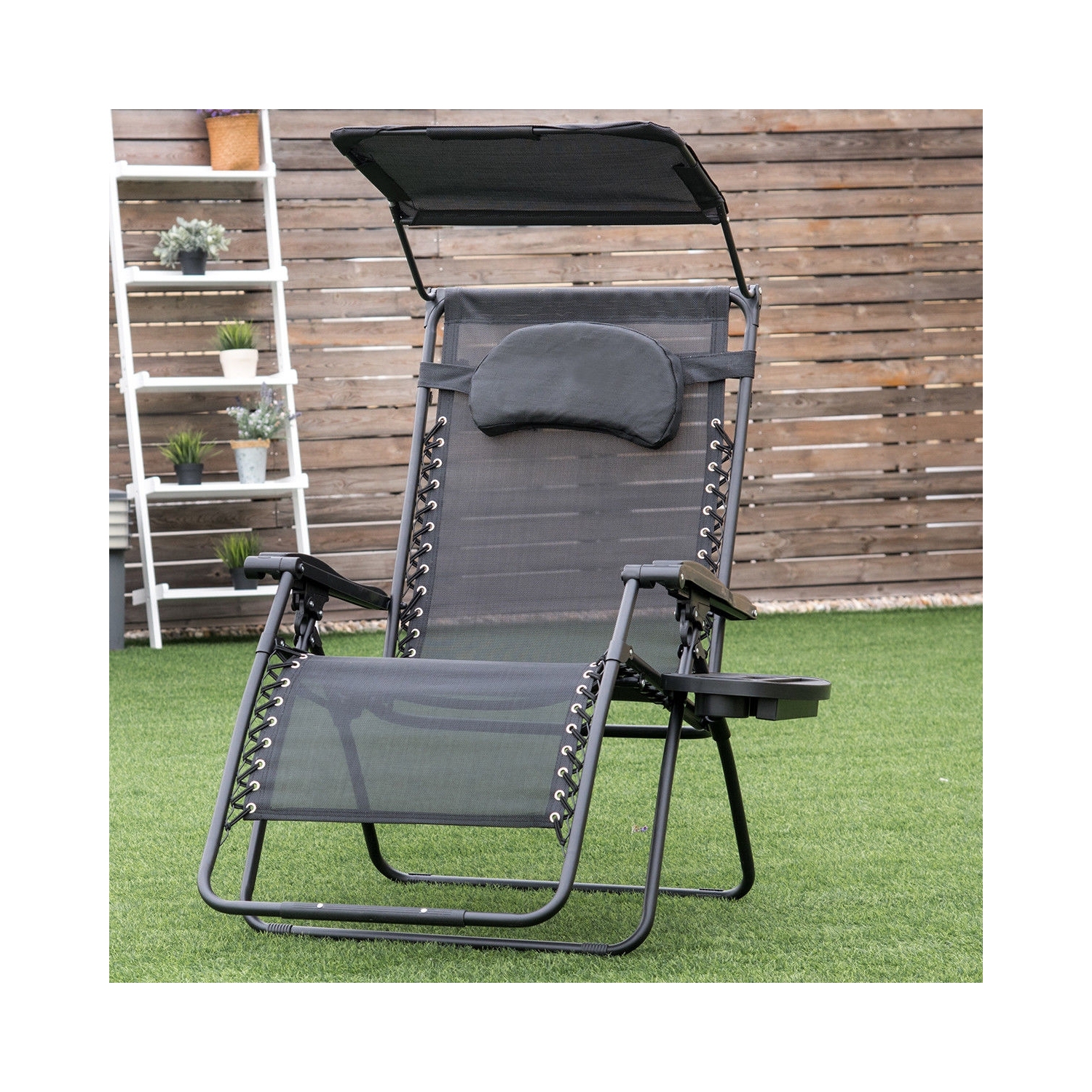 Folding Patio Recliner Lounge Chair with Canopy and Cup Holder