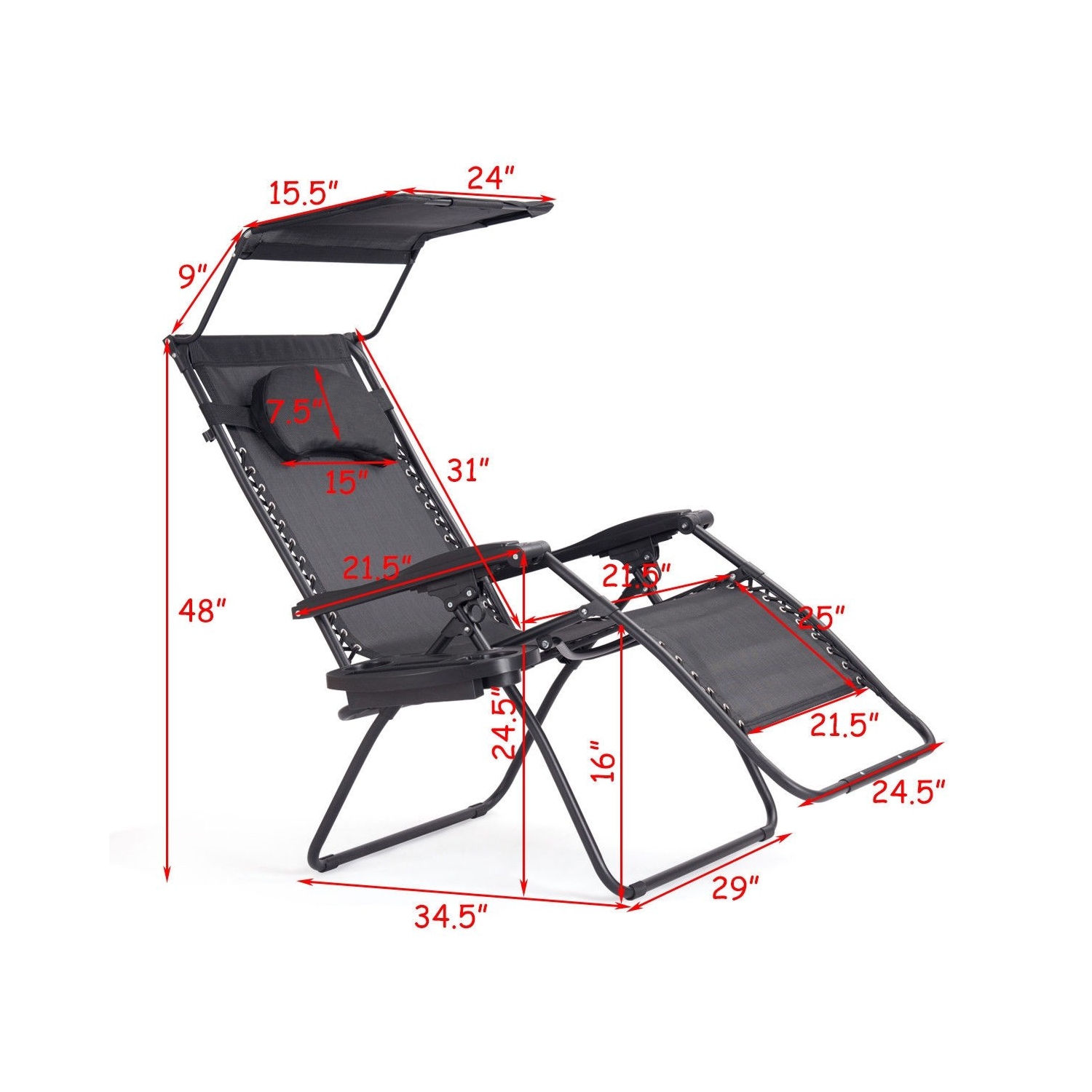 Folding Patio Recliner Lounge Chair with Canopy and Cup Holder