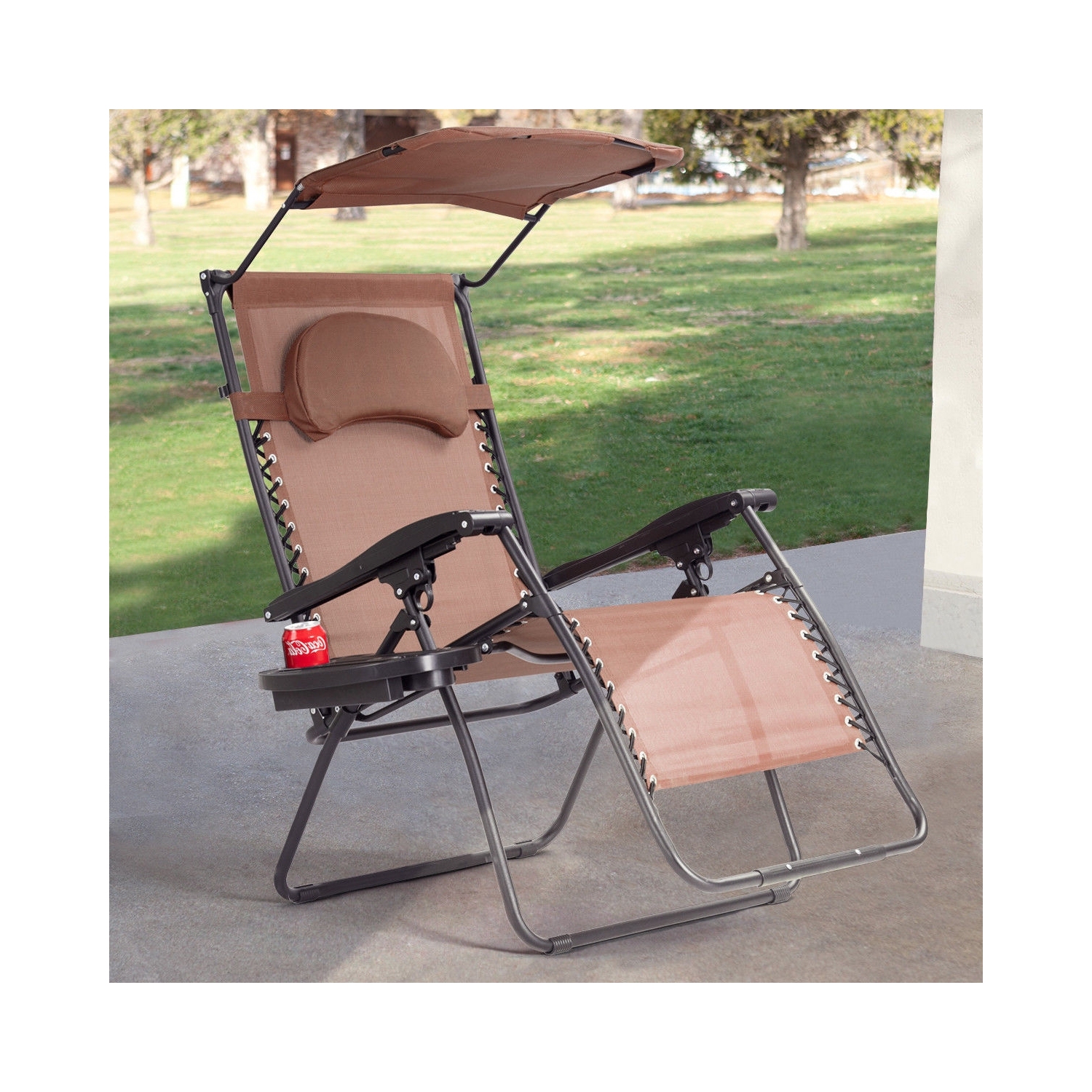 Chaise longue pliante de patio inclinable avec auvent et porte-gobelet